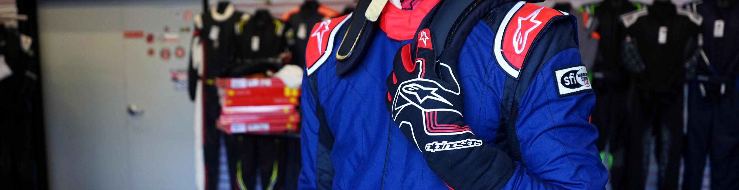 Alpinestars auto and kart racing gear including racing suits, gloves, and accessories