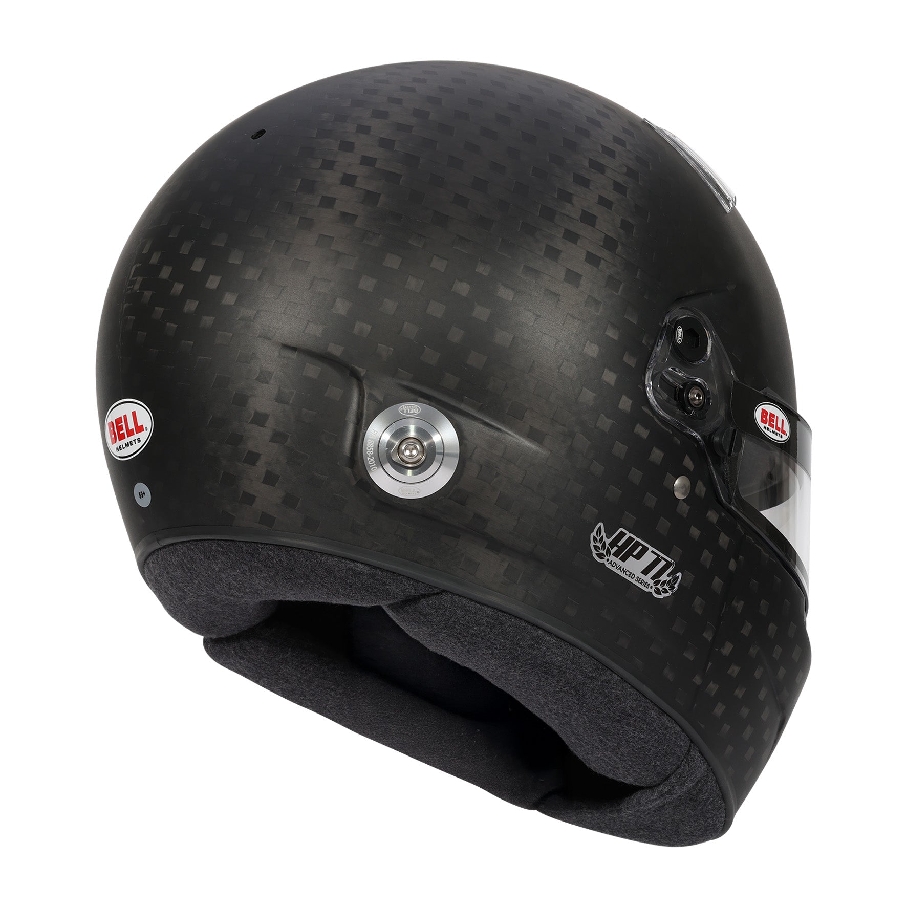 Right rear profile of Bell HP77 Evo‑IV ABP Carbon Helmet highlighting carbon fiber finish, rear venting, and HANS anchor placement.