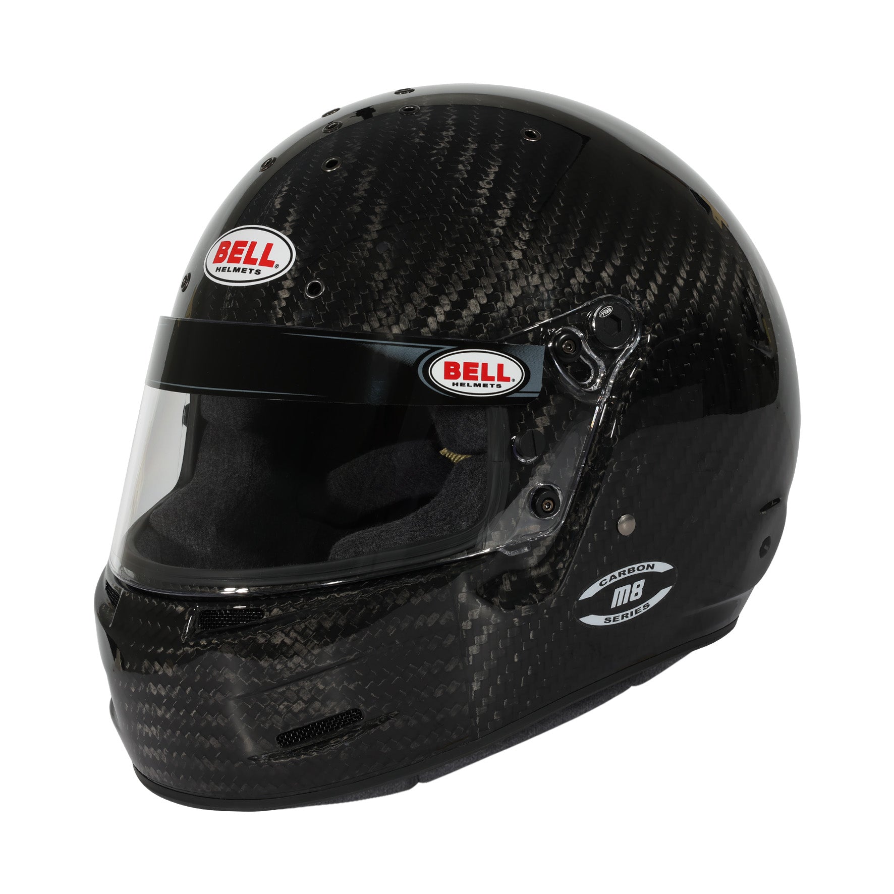 Left angle view of Bell M8 Ultra Carbon Helmet SA2025 showing carbon fiber shell and aerodynamic contour
