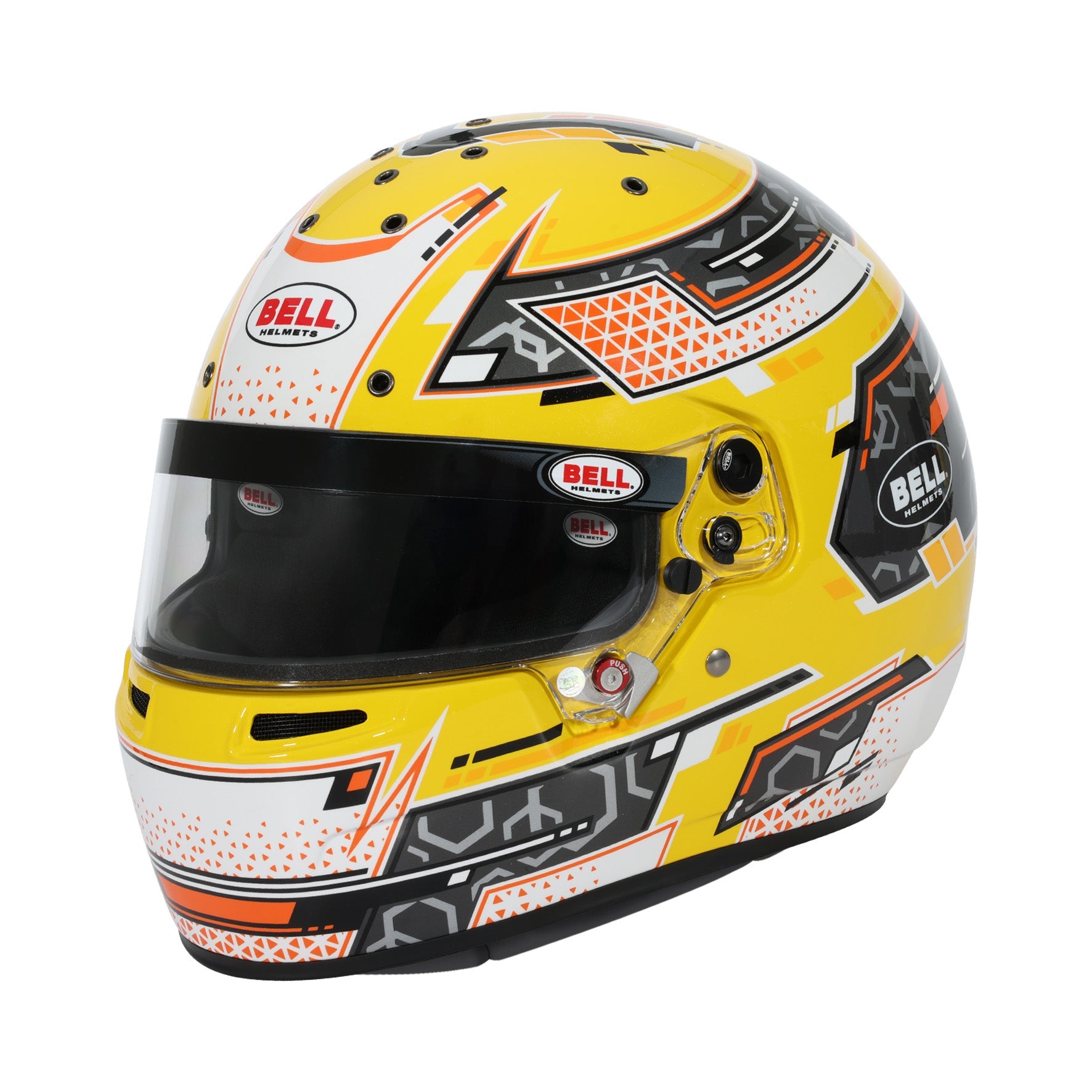 Bell RS7-K Stamina full-face karting helmet in anthracite and yellow with carbon fiberglass composite shell and DSAF visor, Snell K2025 certified
