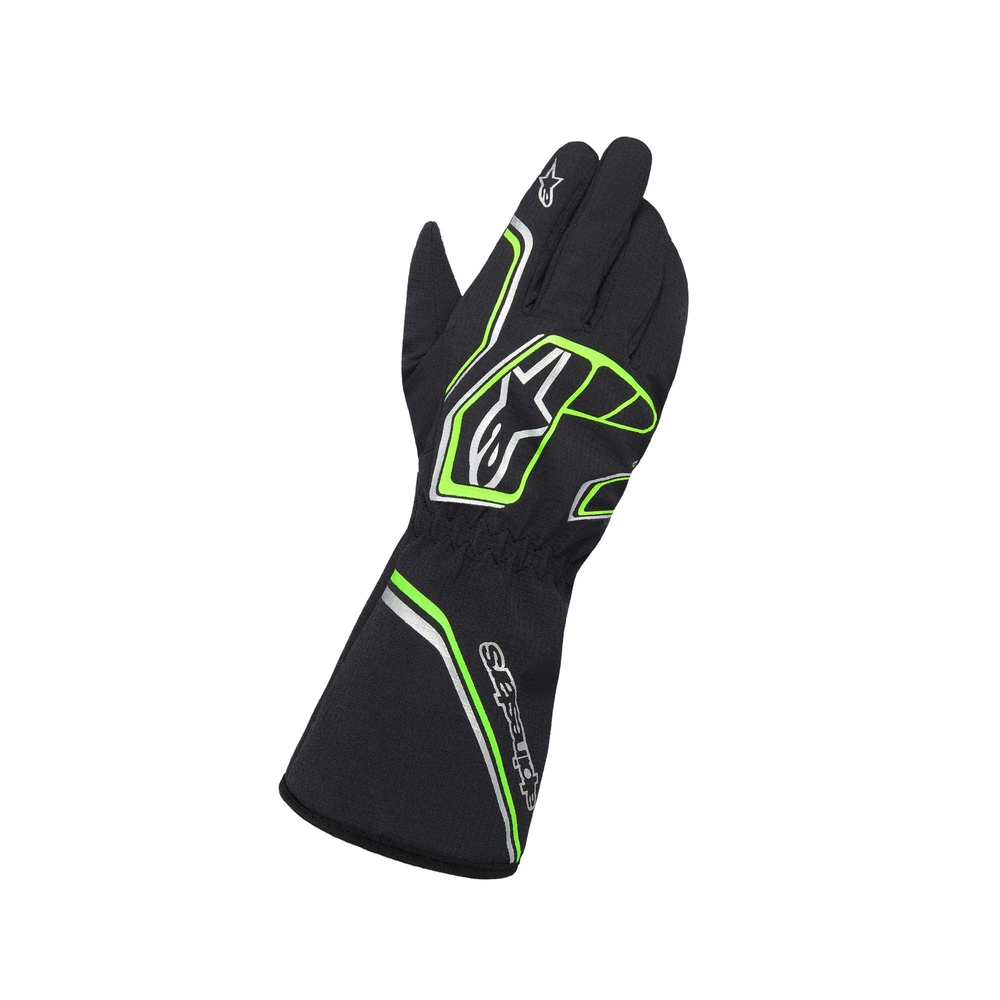Alpinestars Tempest V3 Waterproof S Karting Gloves in Black/Fluo Green, showing silicone-printed palm and ripstop outer shell.