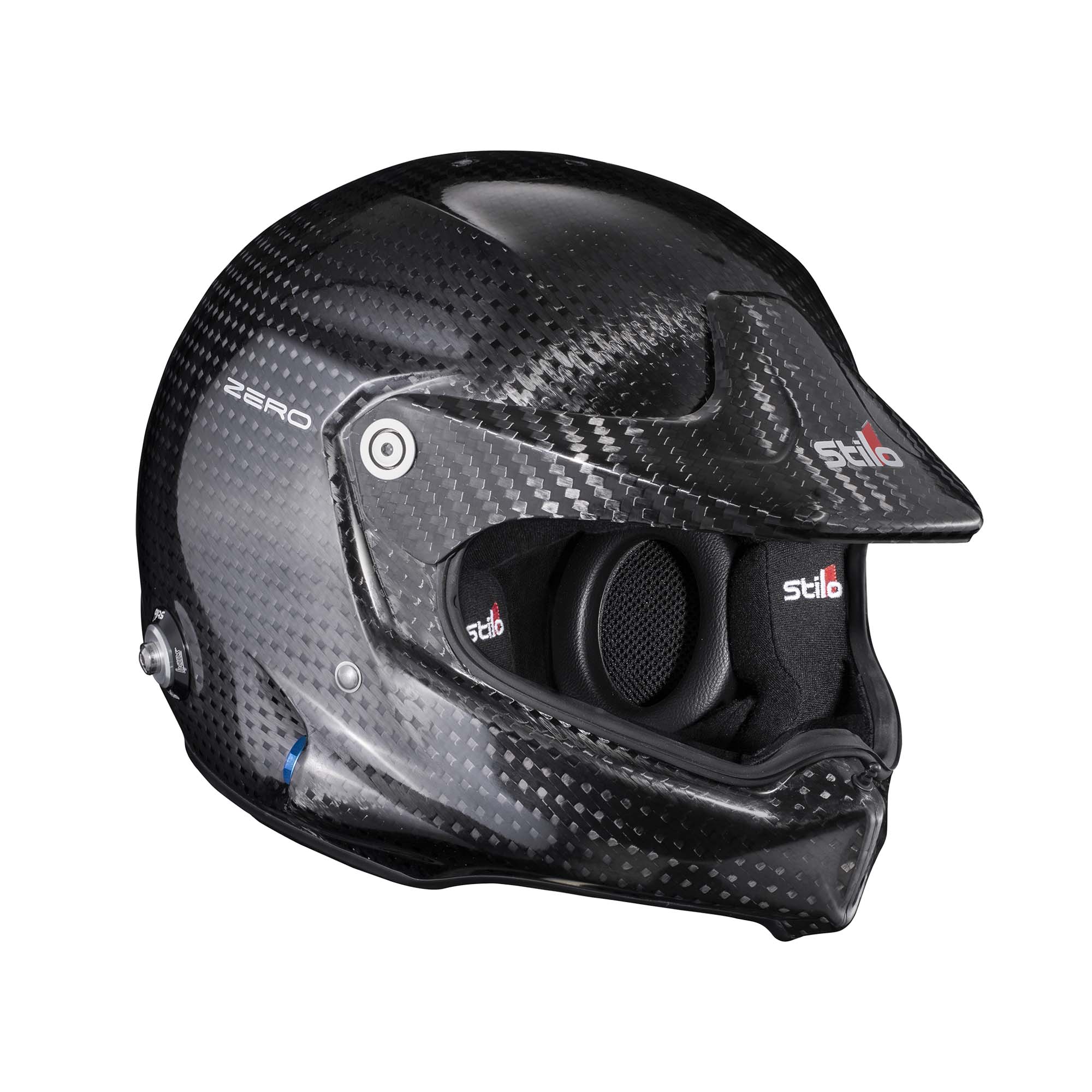 Stilo Venti WRX Raid Carbon Zero helmet three-quarter front-right view showing peak and carbon fiber contours.
