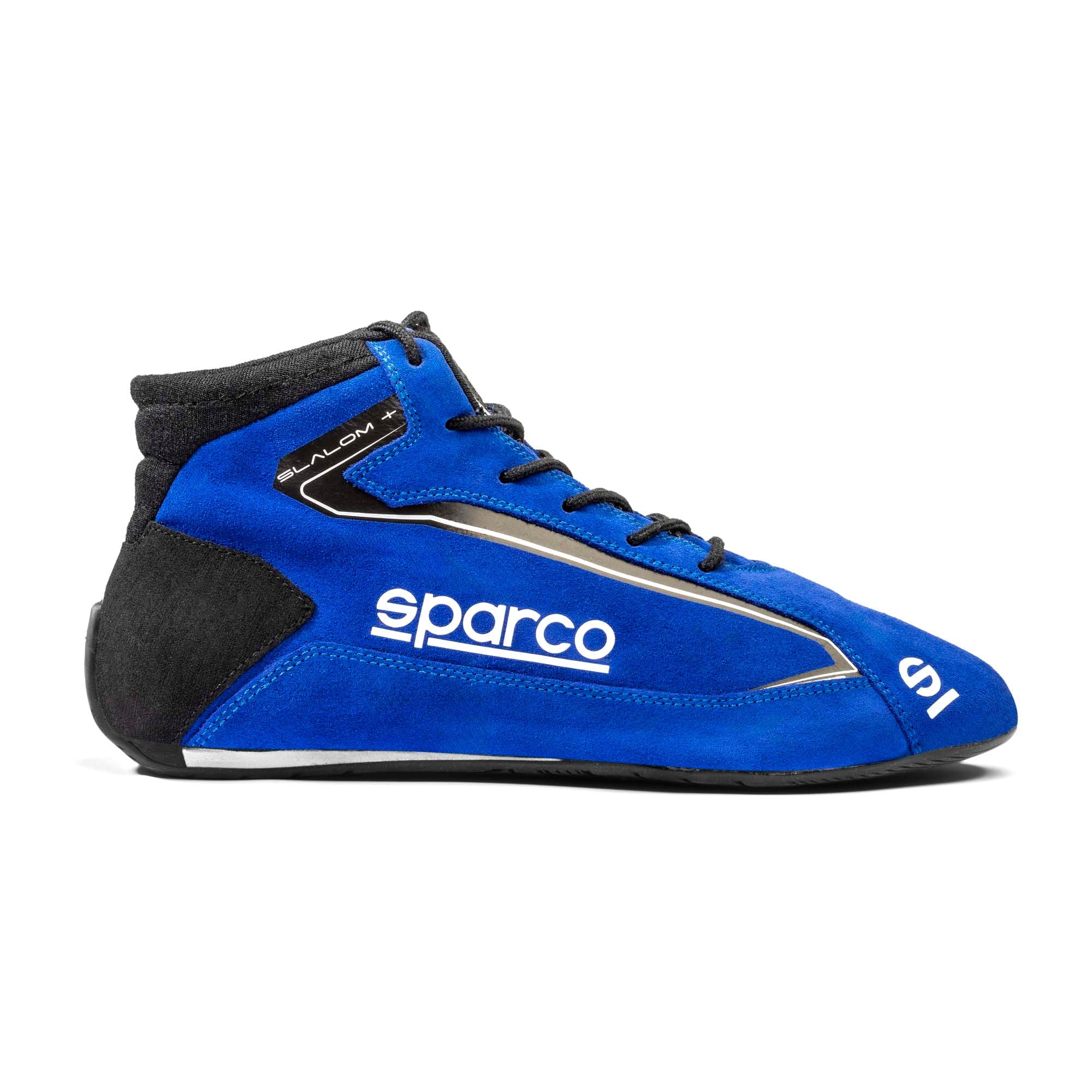 Sparco Slalom+ blue fire-resistant racing shoe featuring suede upper and reinforced heel.
