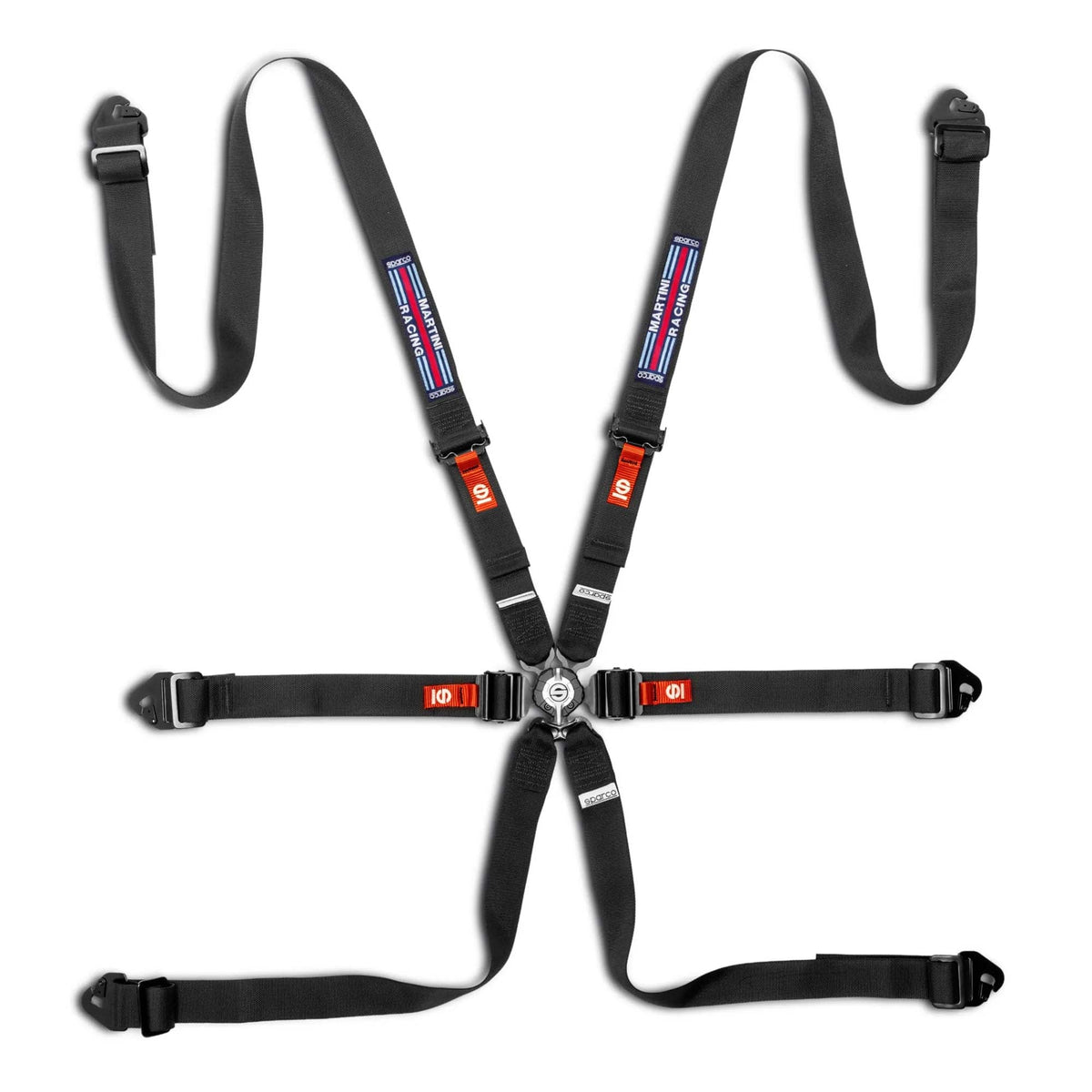 Sparco Martini Racing Comp H-2 PD 6-point racing harness in Black with woven Martini stripe patch