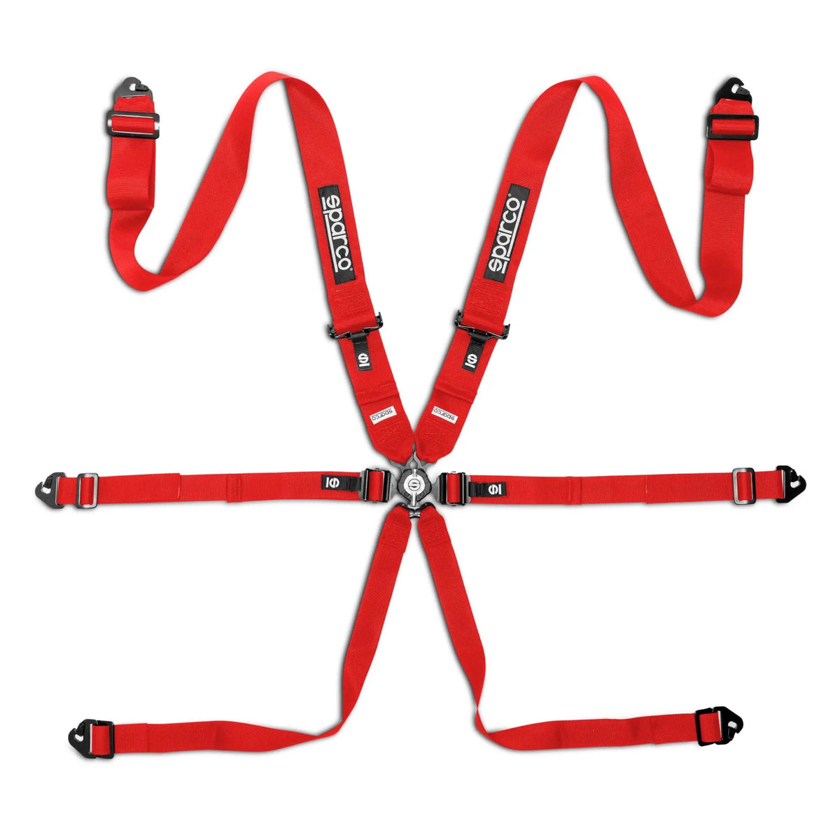 Sparco Comp H-3 6-point endurance racing harness in Red, featuring full-width 3-inch shoulder straps and steel adjusters
