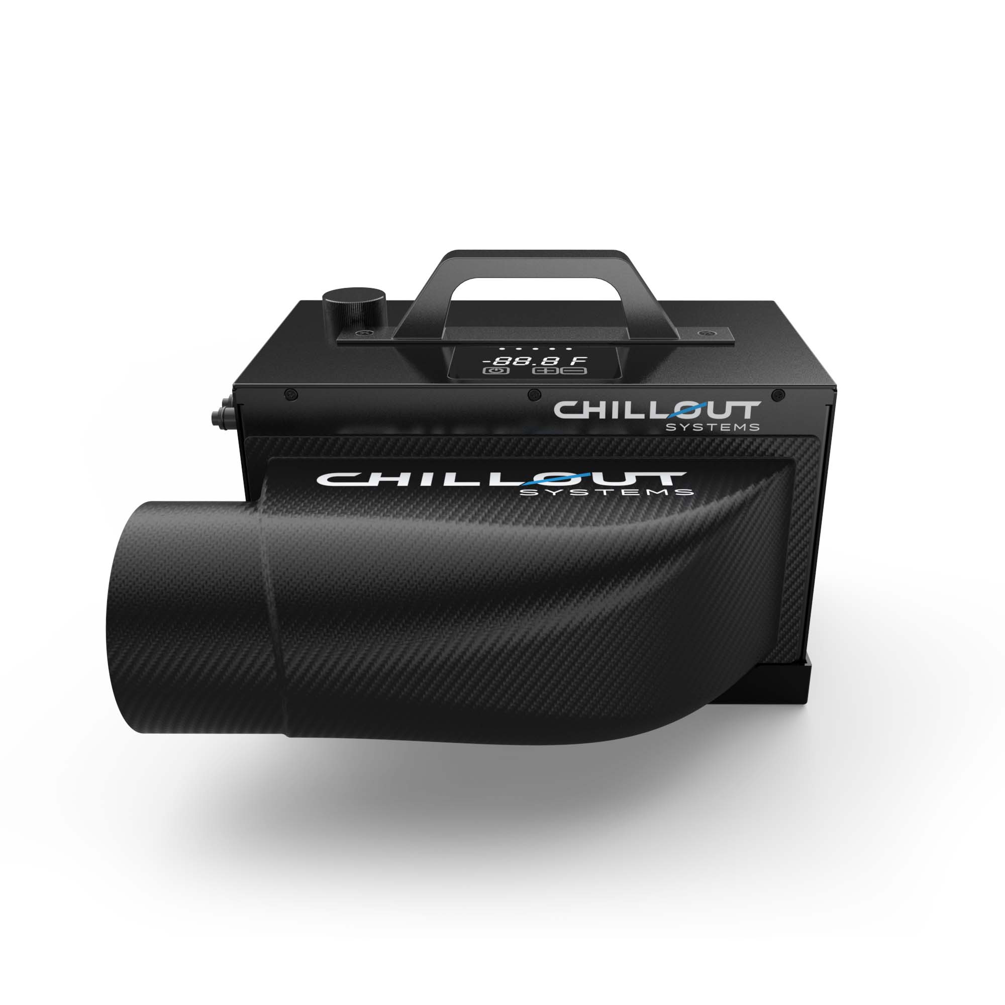 Front view of 4-inch carbon fiber 90° plenum installed on Quantum Cooler intake