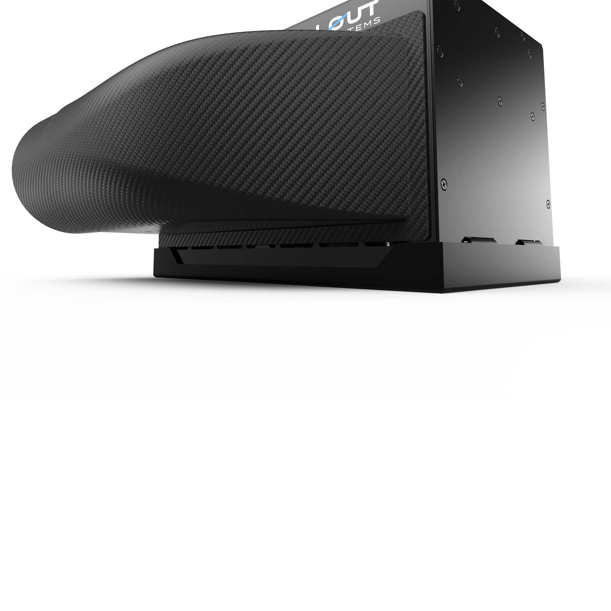 Bottom profile view of 4-inch carbon fiber 90° plenum installed on Quantum Cooler