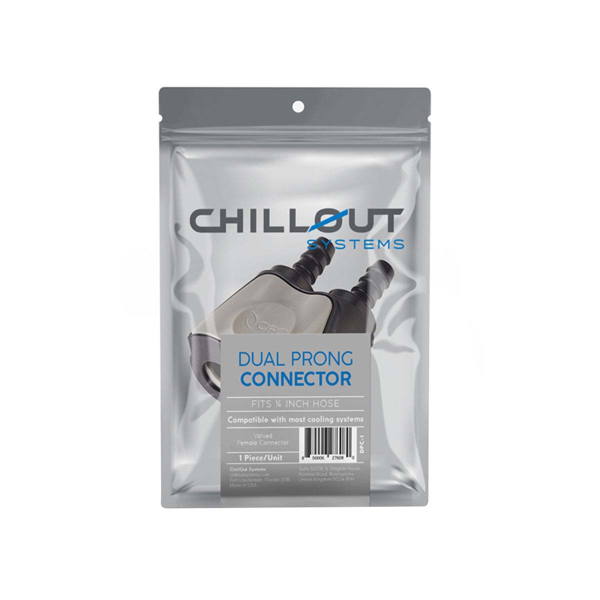 Chillout Systems Dual Prong Hose Connector shown in original retail packaging with product labeling visible.