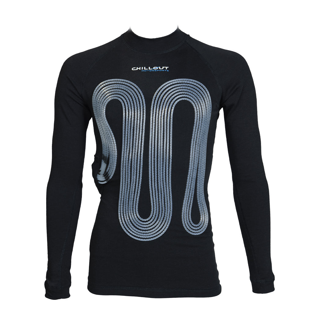Black Chillout Systems Pro Touring Cooling Shirt with FIA/SFI labels and visible cooling vein layout.