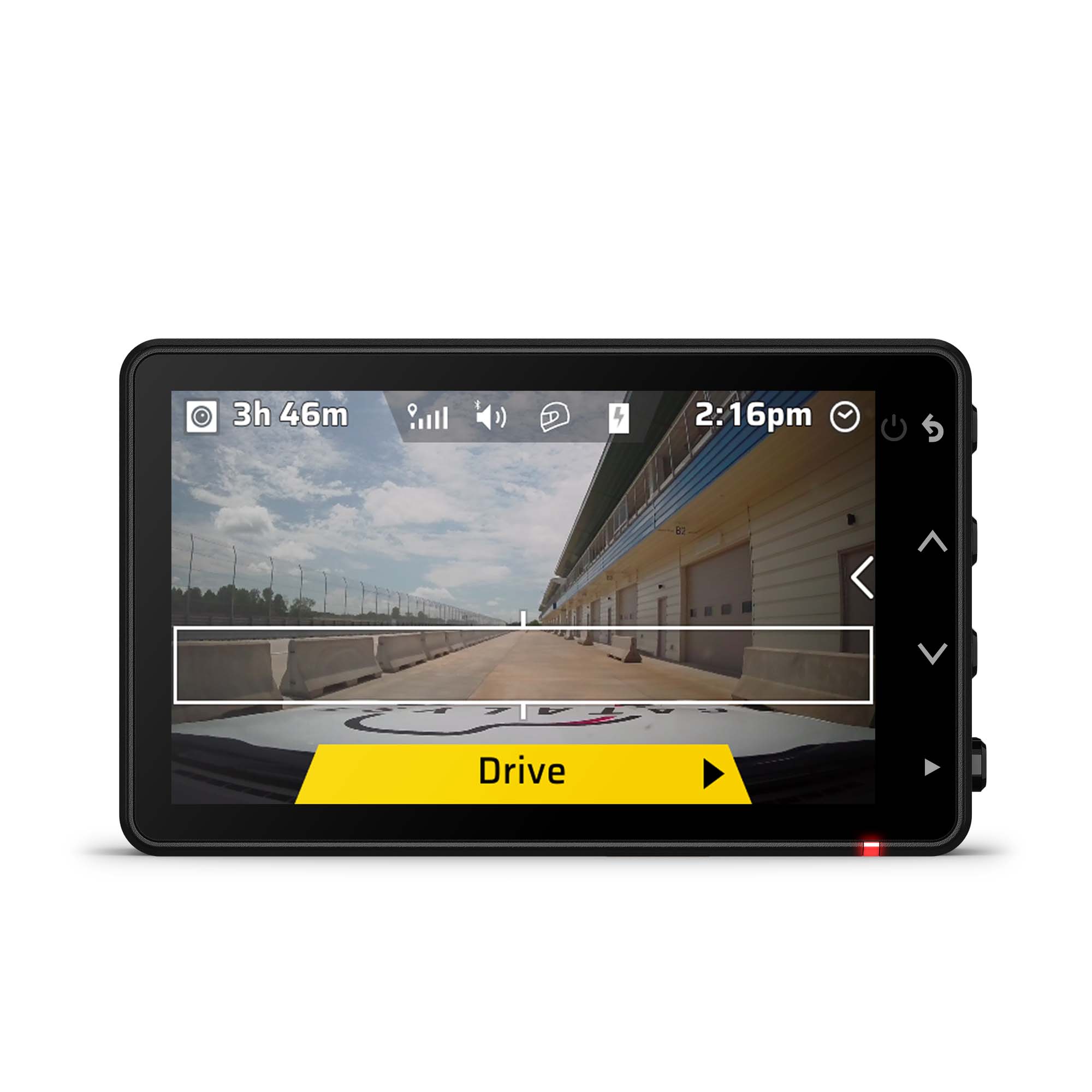 POV display of Garmin Catalyst 2 driving performance optimizer with 3-inch touchscreen and built-in HD camera