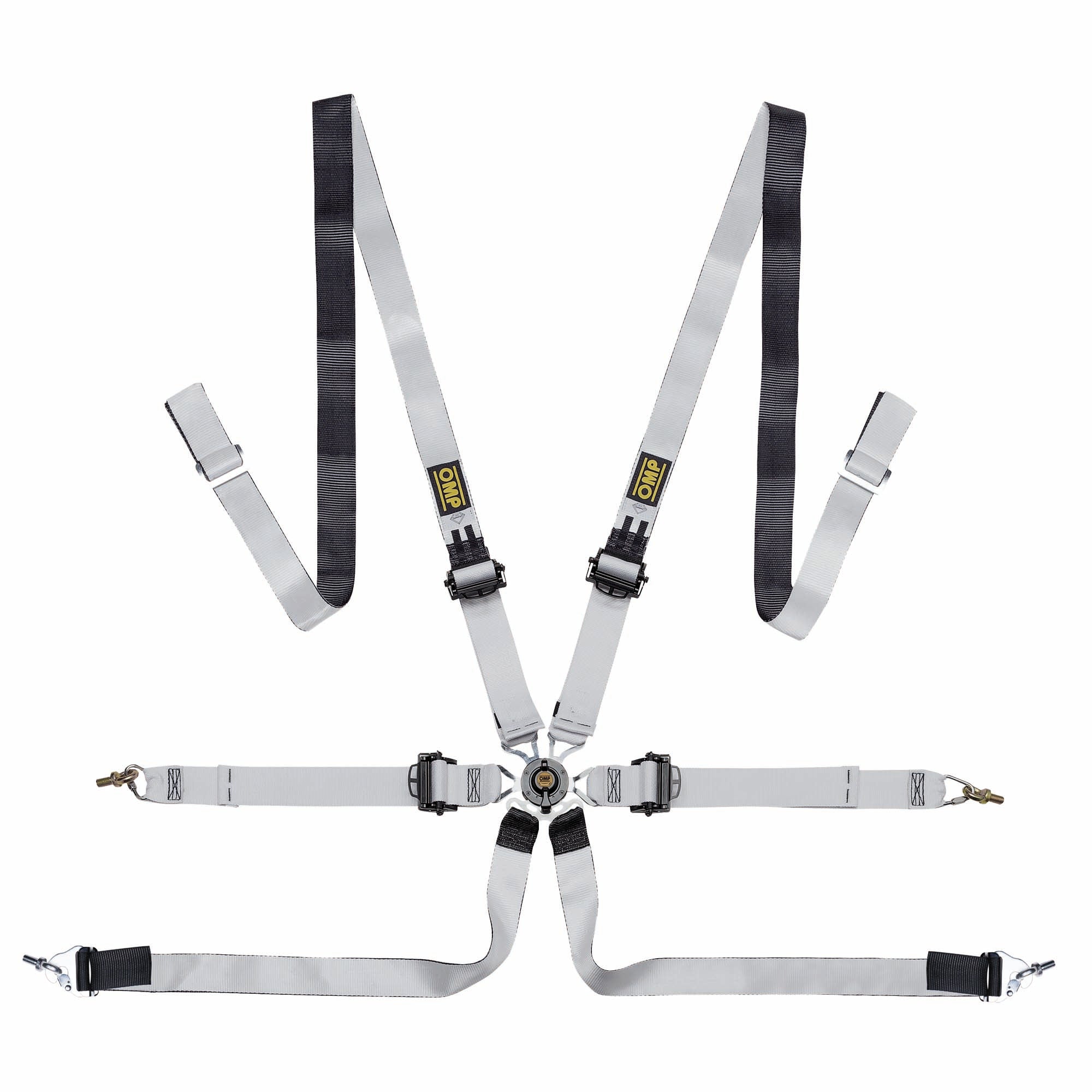 OMP One-D racing harness with pull-down lap belt adjusters and camlock buckle, magnesium-free hardware, FIA 8853-2016 approved