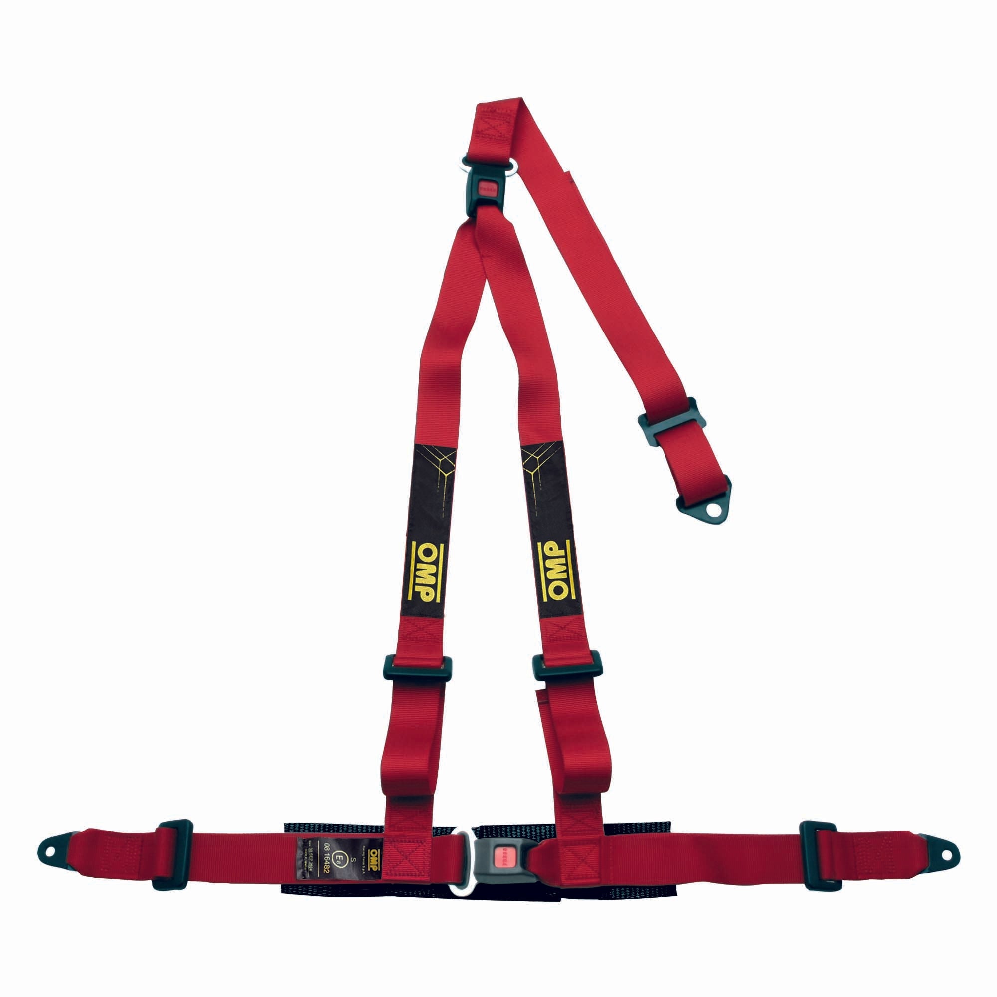 OMP Strada 3 ECE 3-point street harness in red with push-button buckle, ECE R16 approved