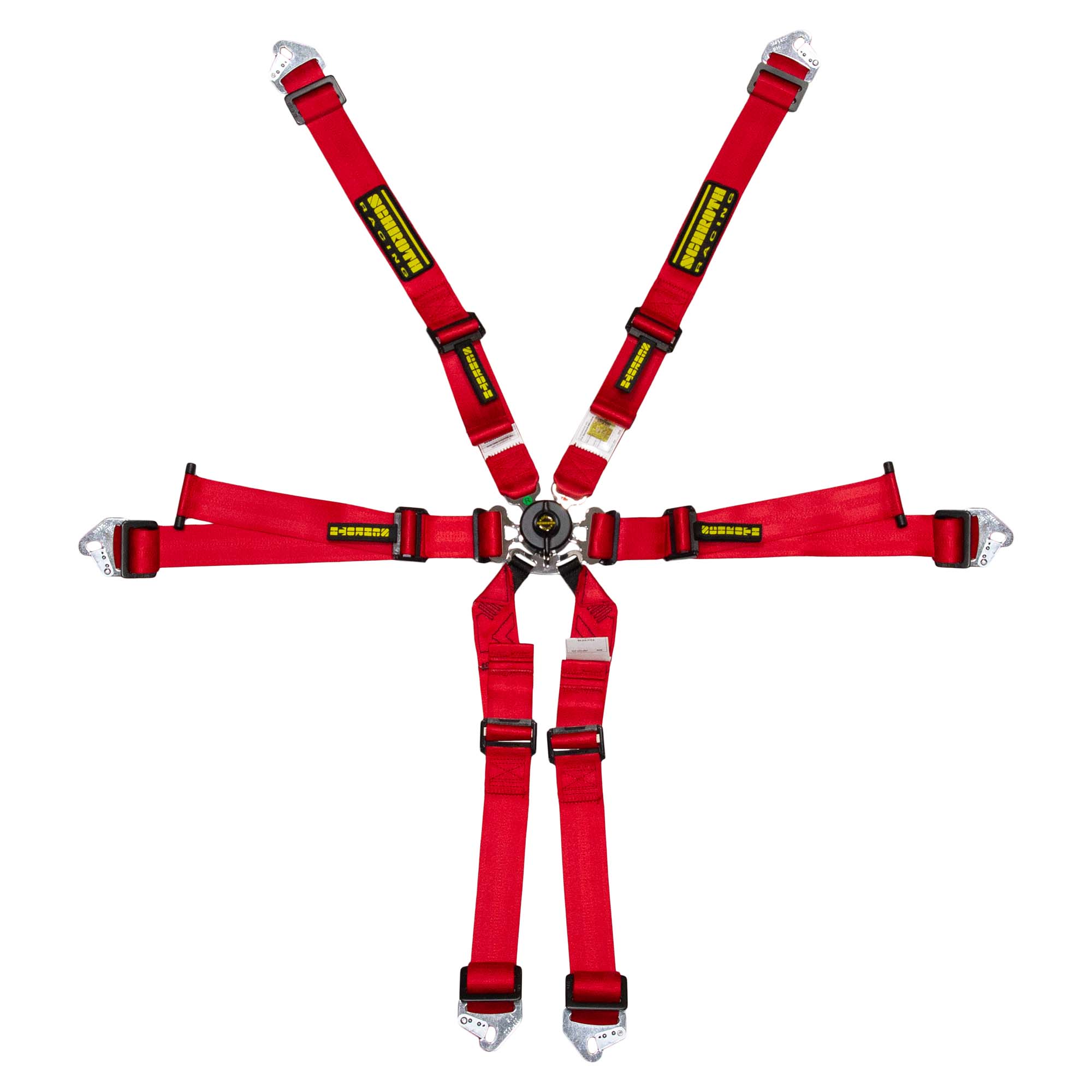 Schroth Flexi 2x2 racing harness in red with FIA approved 6‑point configuration and 2″ HNR‑compatible belts.