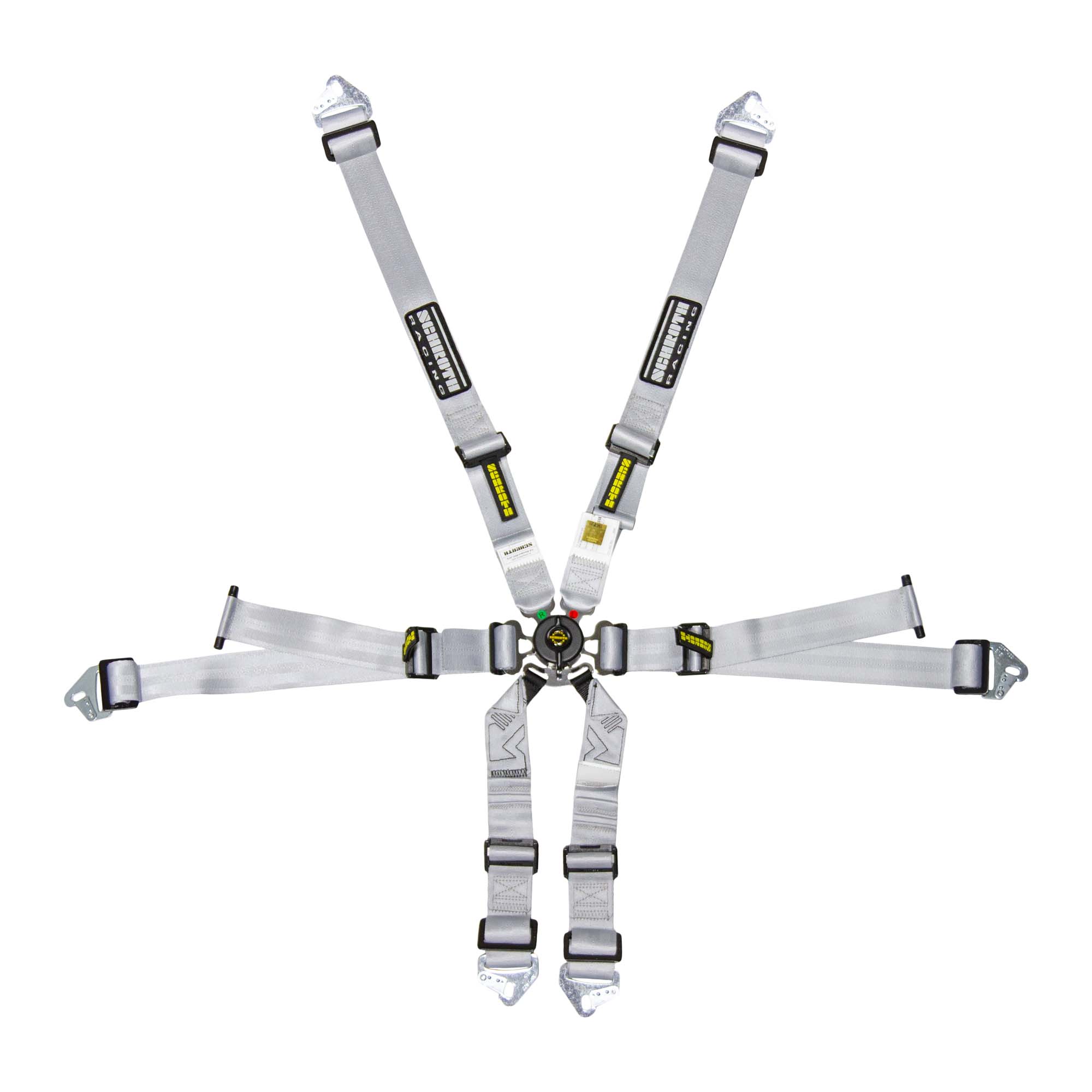 Schroth Flexi 2x2 silver racing harness with 2″ belts and HNR support, FIA‑certified for competition use.