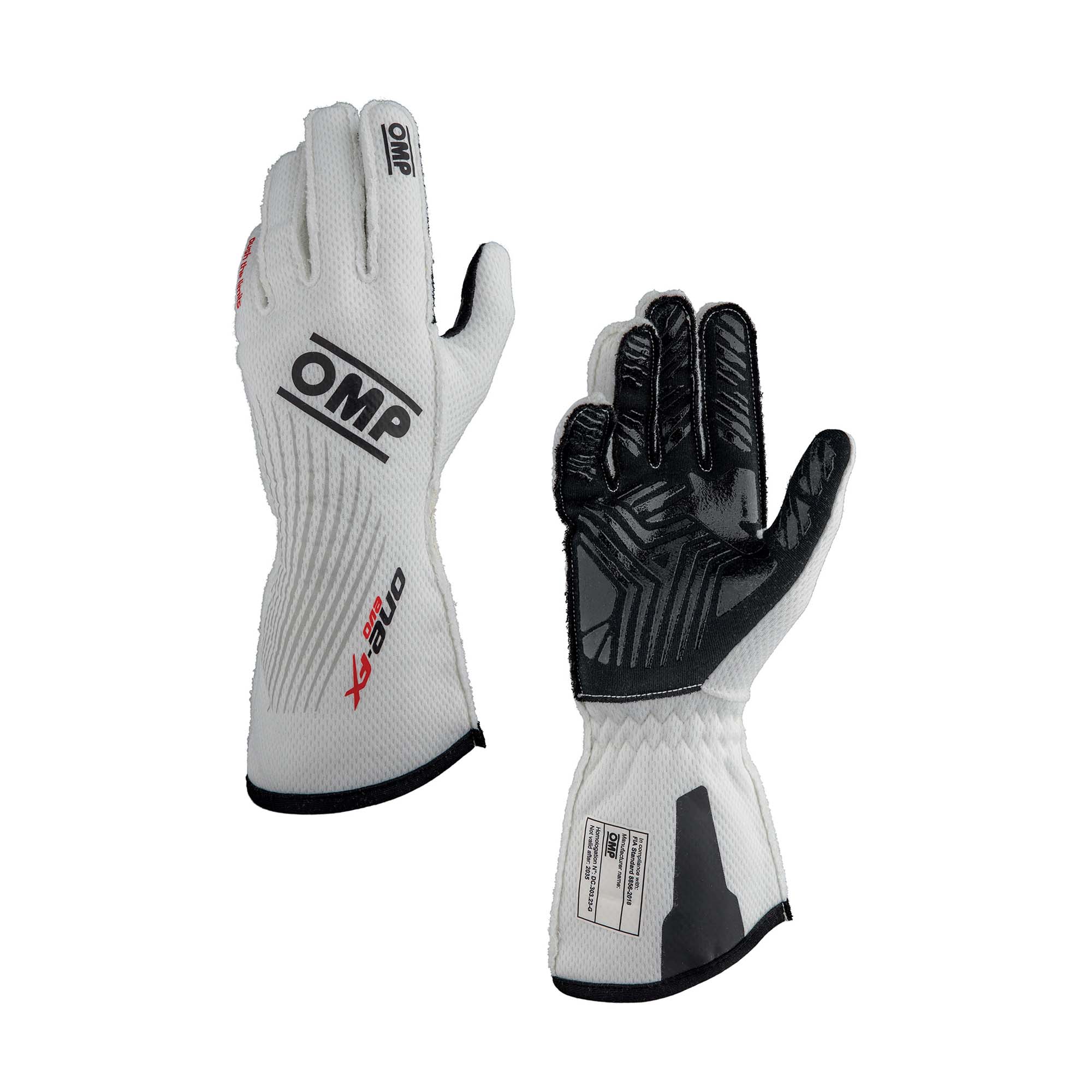 OMP One EVO FX v2 fire-resistant racing gloves in white with silicone palm grip zones, FIA 8856-2018 homologated