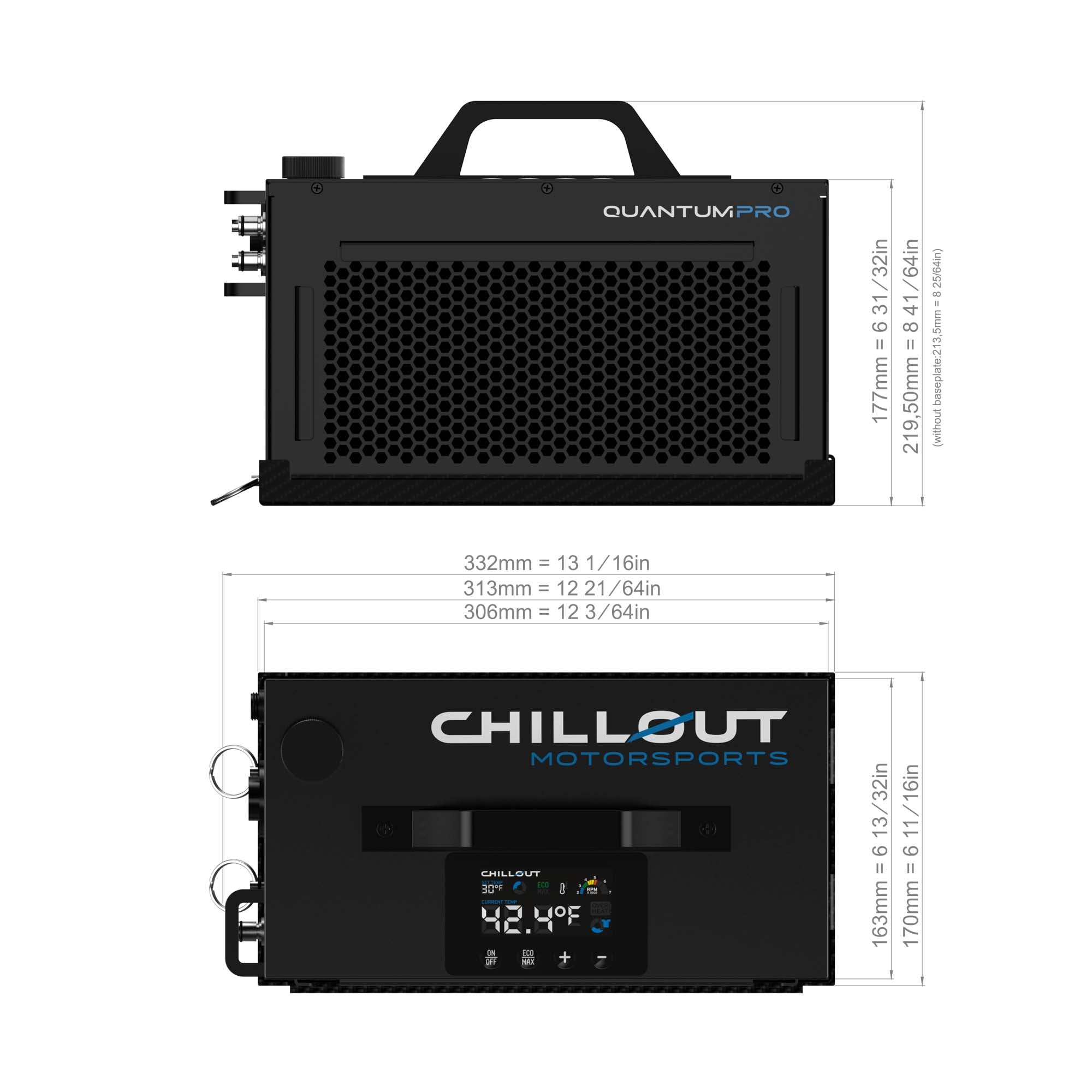Dimensions of Quantum Pro Driver Cooling System iceless portable motorsport cooler with LCD display and dual fans