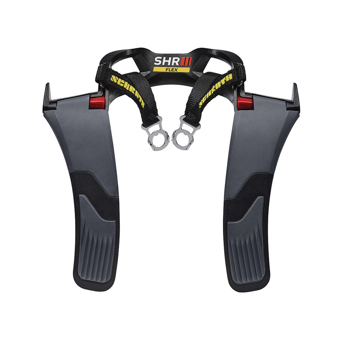 Front view of Schroth SHR Flex Head and Neck Restraint showing integrated padding and retention ears