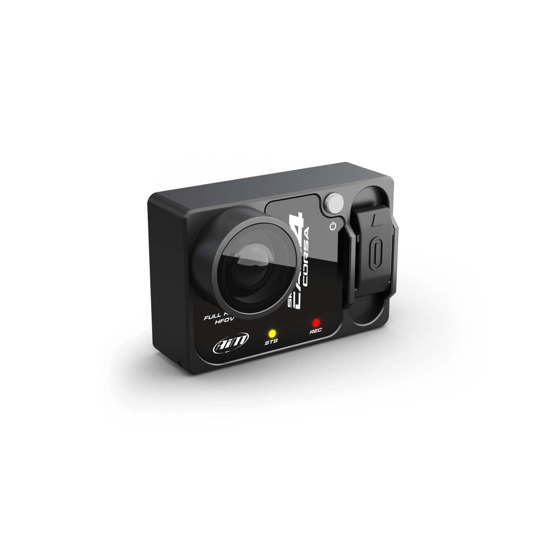 AiM SmartyCam 4 Corsa motorsport action camera with CNC aluminum body and sapphire glass lens, shown in front three-quarter view