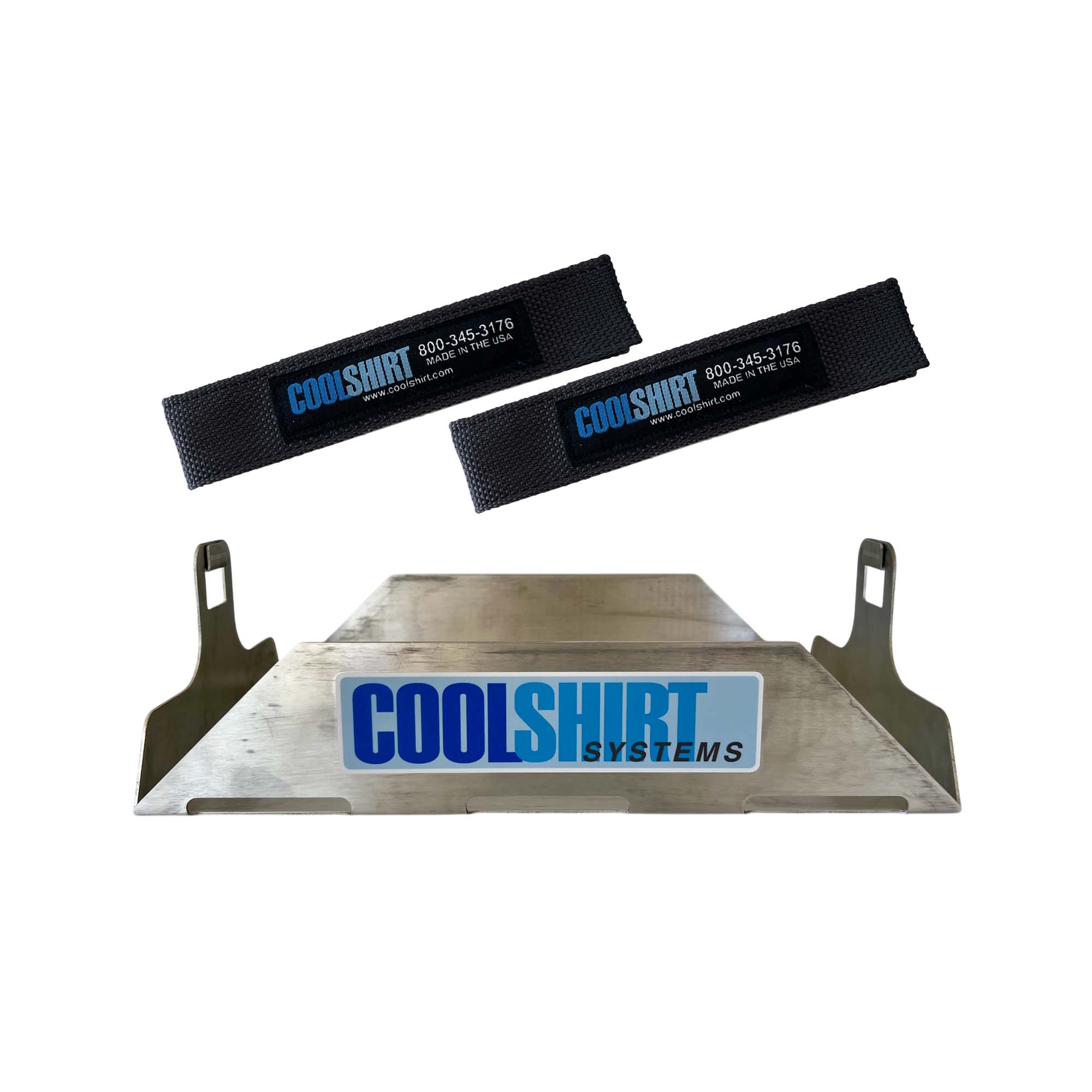 Coolshirt 7.5qt cooler mounting tray in naked aluminum finish with strap slots