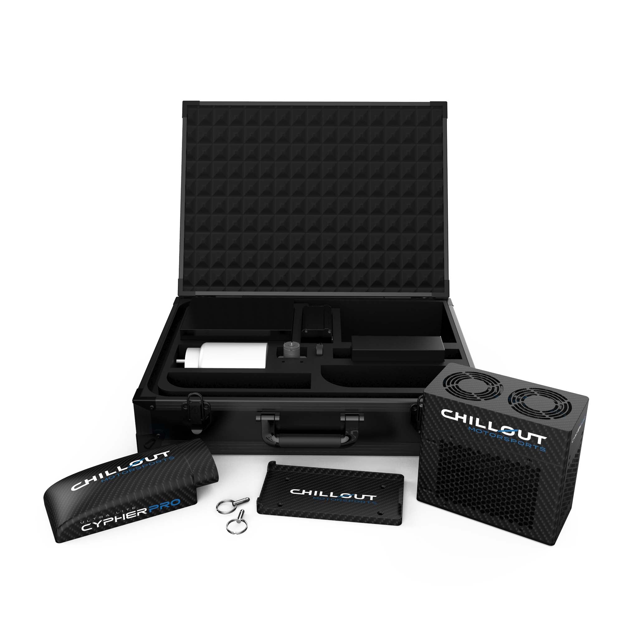 Cypher Pro Micro Driver Cooling System package contents including cooler unit, hoses, wiring, and mounting hardware