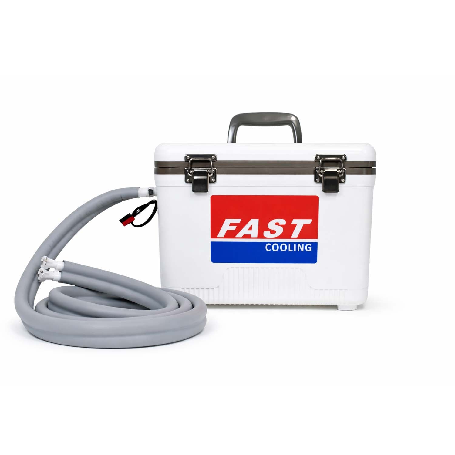 FAST Cooling Racer Driver Cooling System with 19-quart white cooler and 8ft insulated water hose, shown without mounting hardware for versatile in-car use.