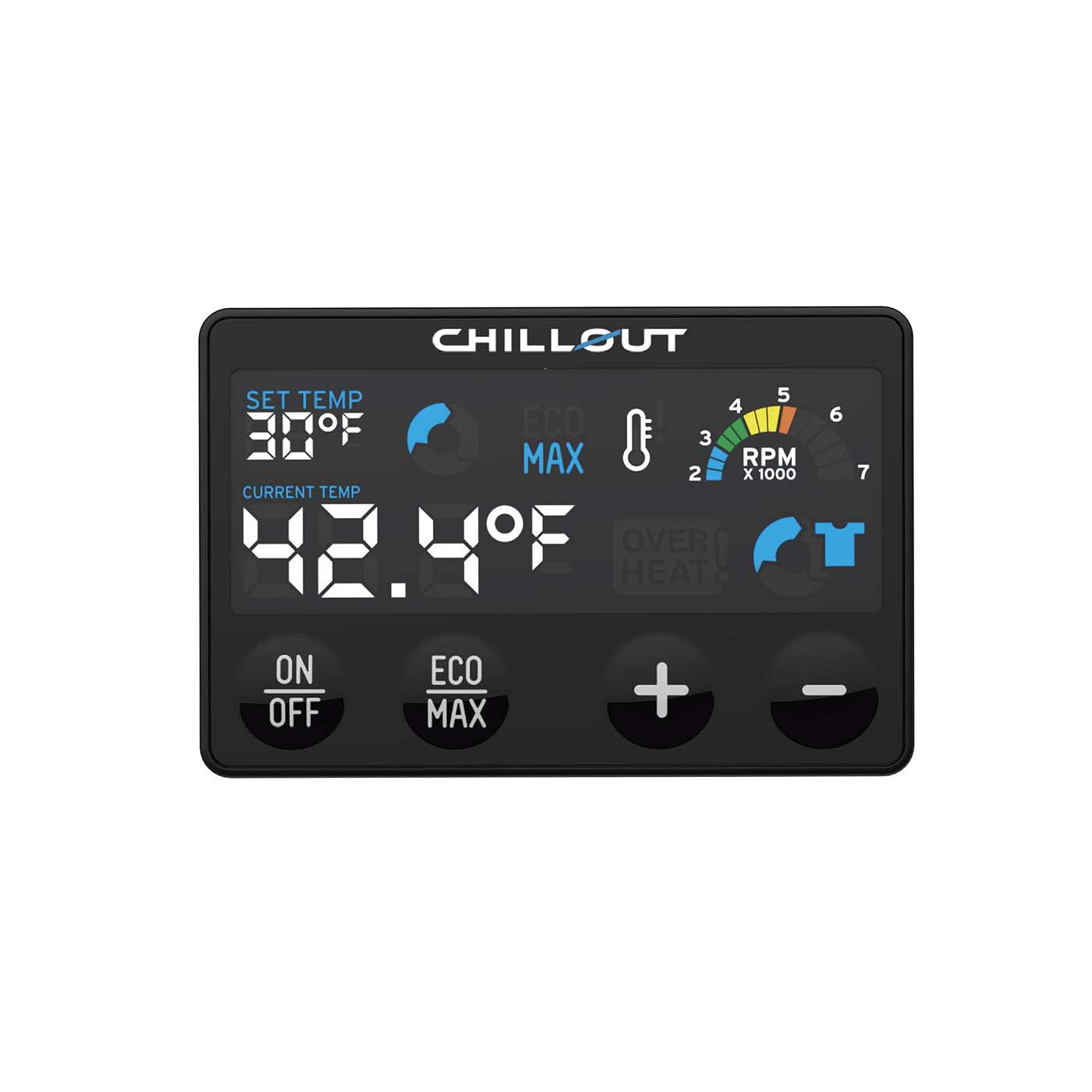Chillout Systems Quantum Series remote control with color digital display powered on