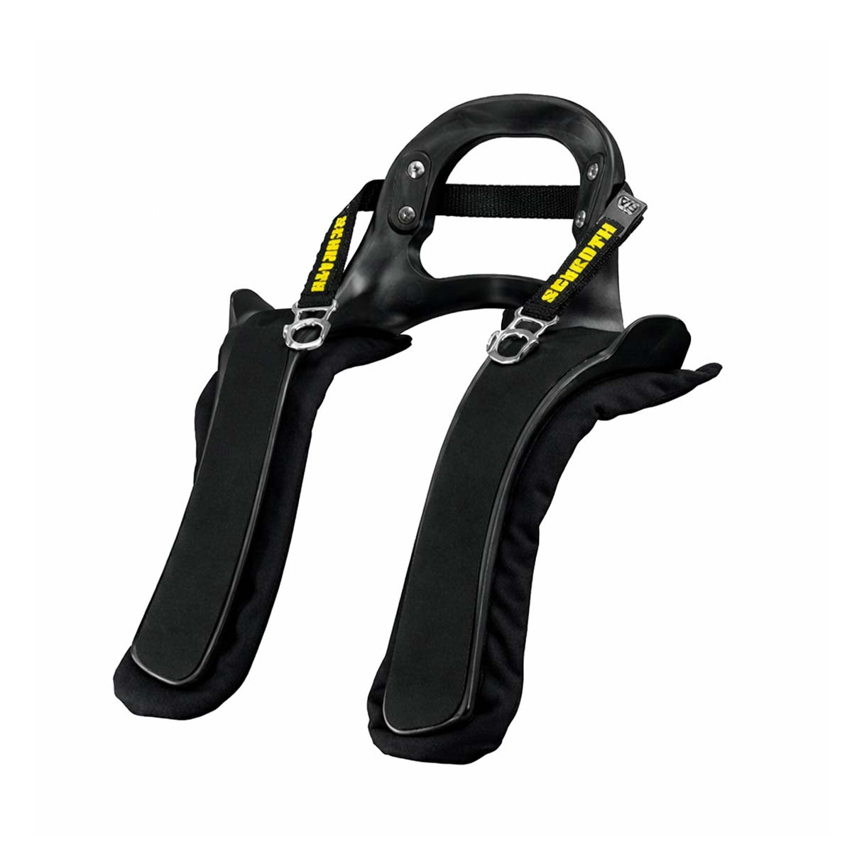 Schroth SHR Super Sport XLT head and neck restraint (HNR) in black FIA‑approved racing safety device.