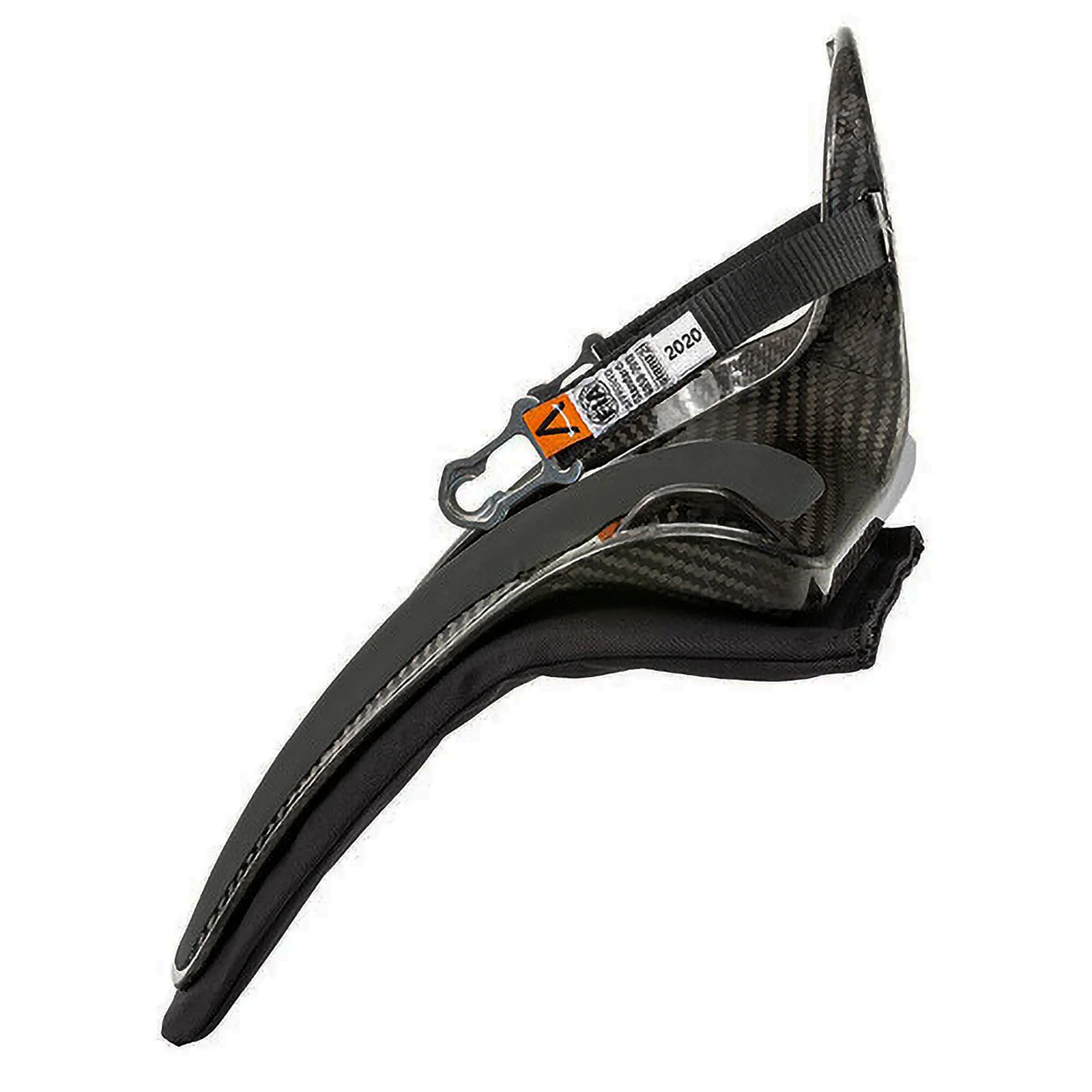 Side view of Stand 21 Featherlite 20 Head and Neck Restraint showing ergonomic shoulder contour and low-profile carbon construction