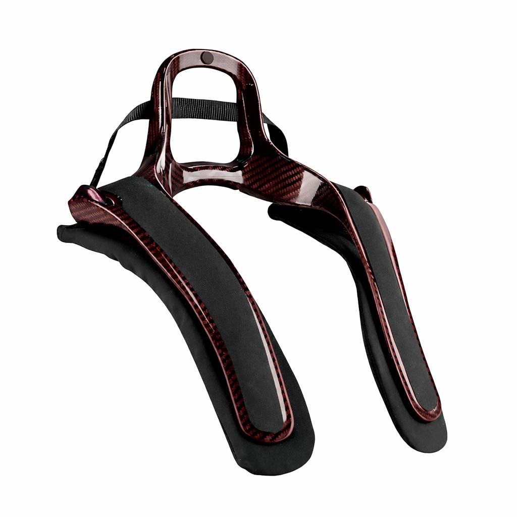 Stand 21 Featherlite Colors 20 Head and Neck Restraint – red carbon fiber finish, ultra-light FHR with 20° layback, FIA and SFI certified