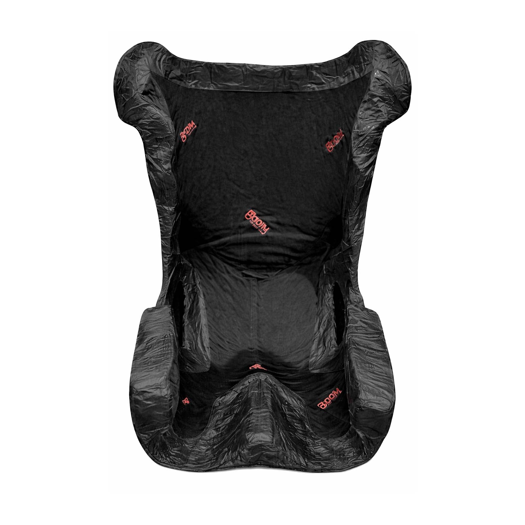 Front view of Totim Racing 140 × 100 × 85 cm trapezoid foam insert kit in FIA fire-resistant pouch, showing wider shoulder profile for GT and NASCAR seats