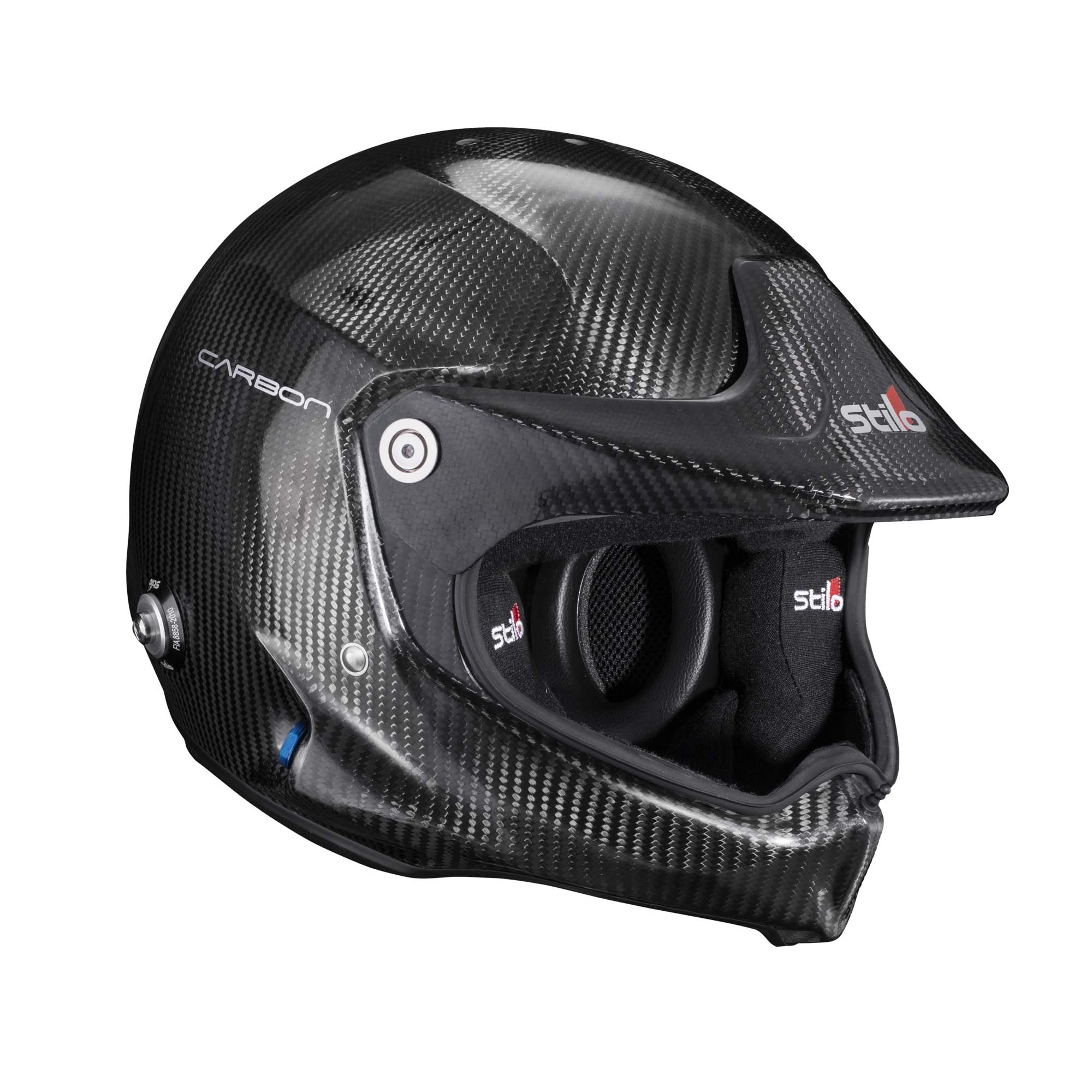 Three-quarter front-right view of Stilo Venti WRX Raid Carbon helmet with carbon fiber shell and peak.