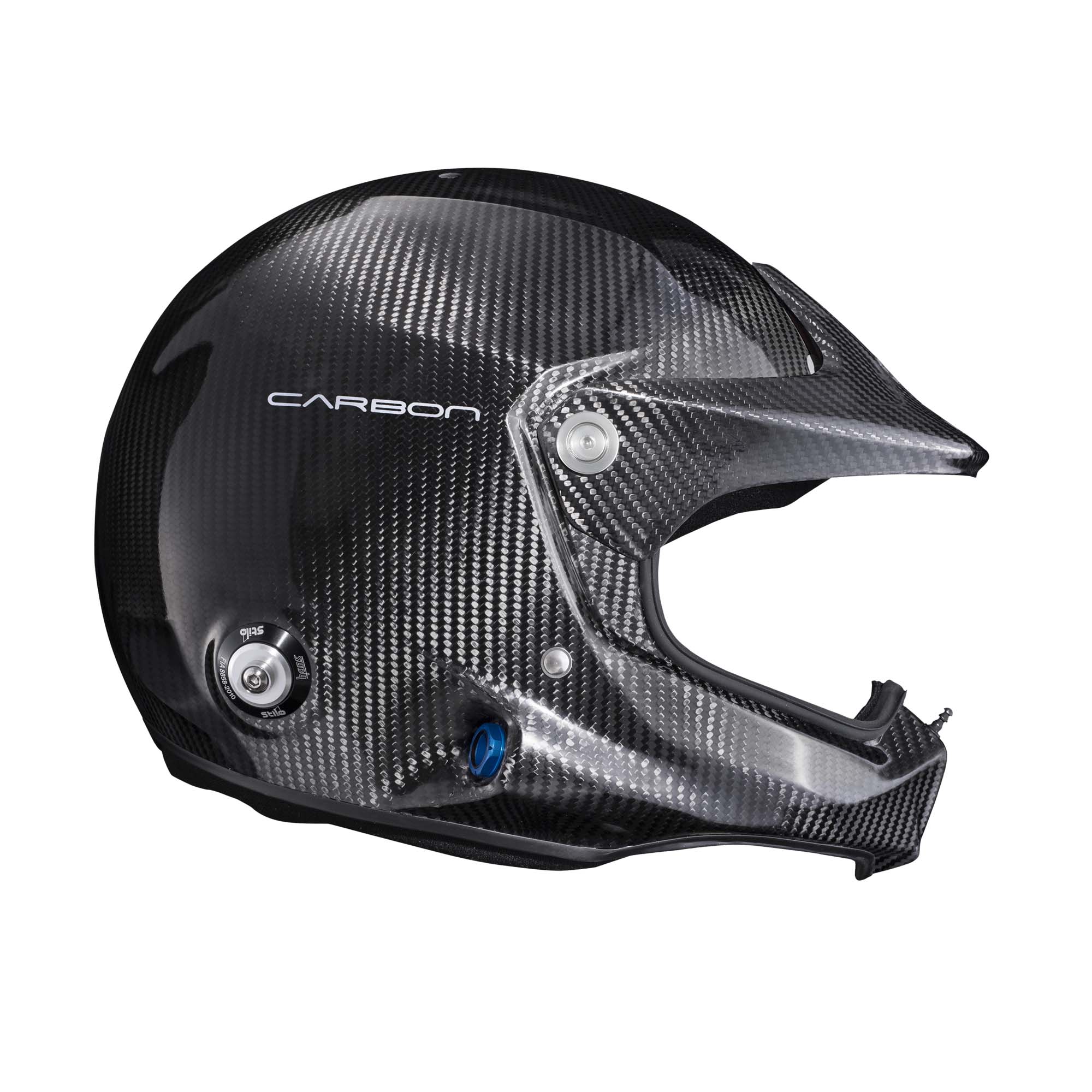 Right-side profile of Stilo Venti WRX Raid Carbon helmet highlighting short visor and shell shape.