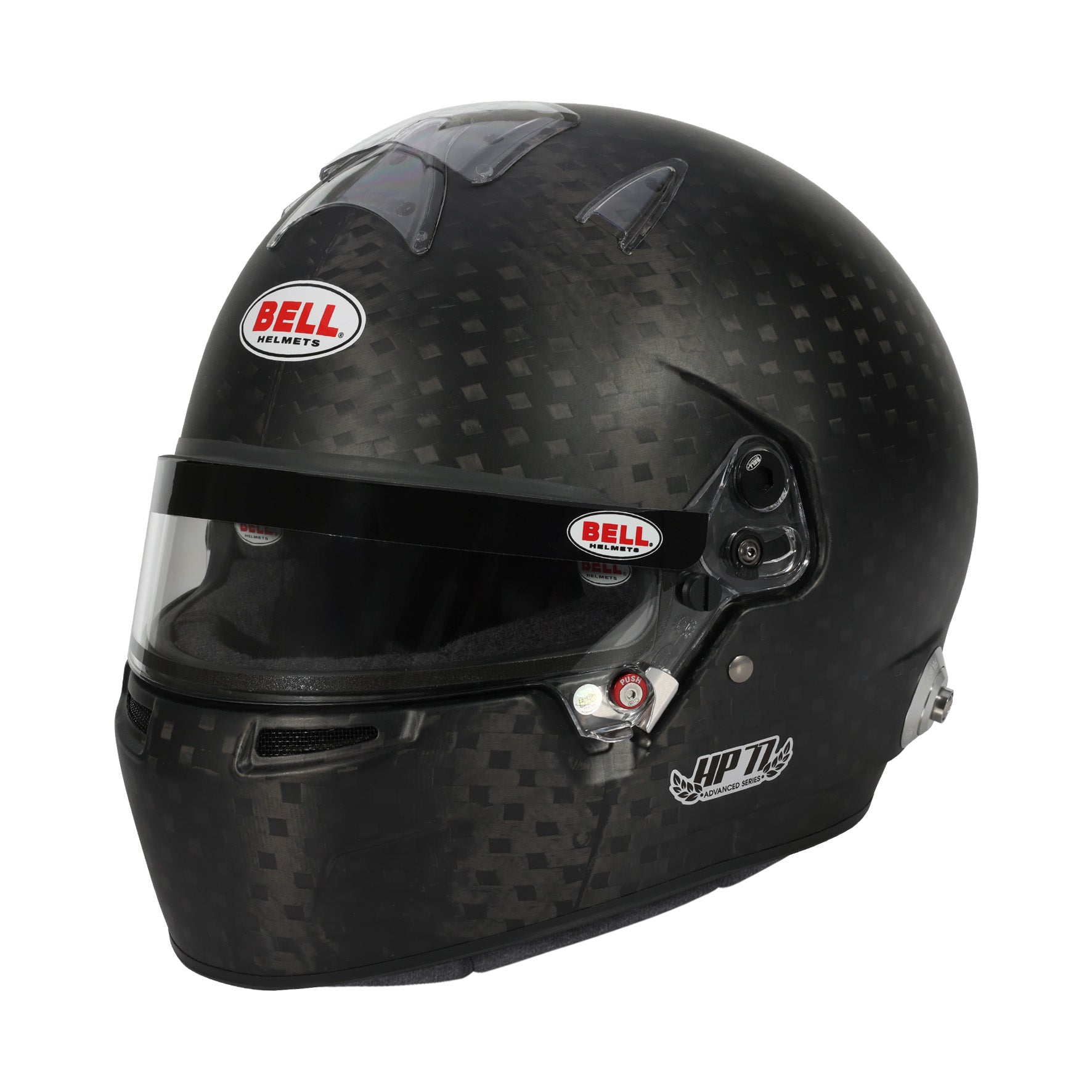 Bell HP77 Evo‑IV ABP Carbon Racing Helmet in matte carbon fiber with FIA 8860‑ABP certification, SmartLock visor mechanism, and integrated HANS anchor points.