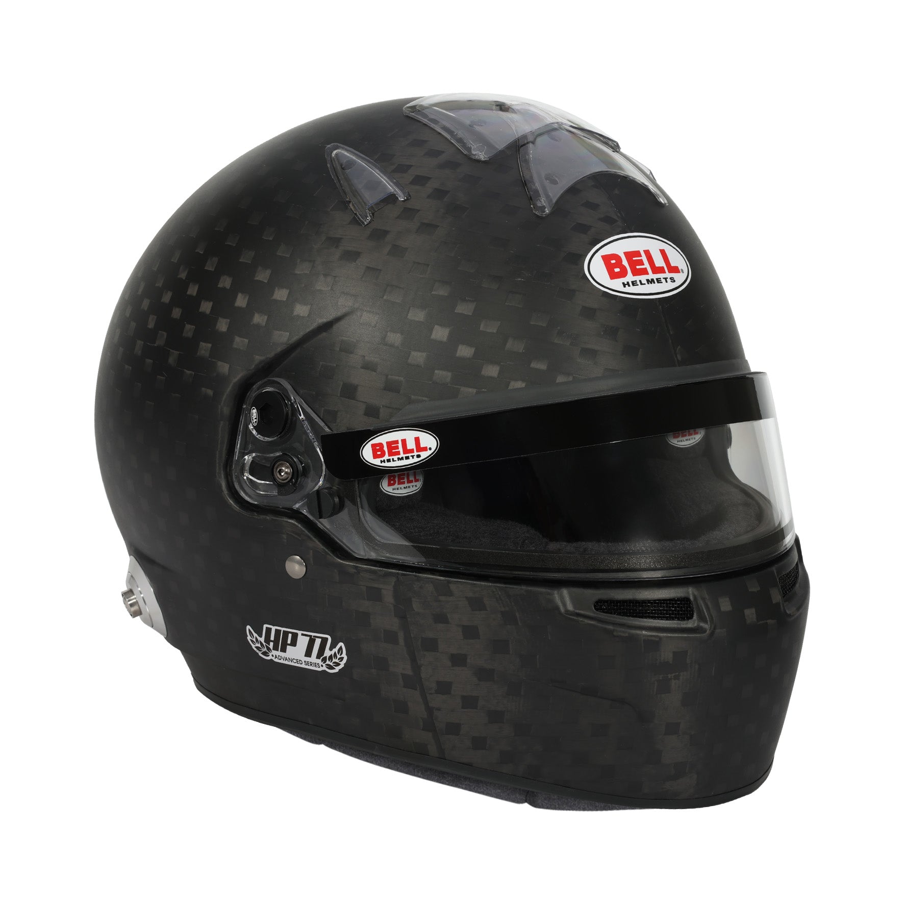 Right front angle of Bell HP77 Evo‑IV ABP Carbon Helmet featuring SmartLock visor and aerodynamic chin bar design.