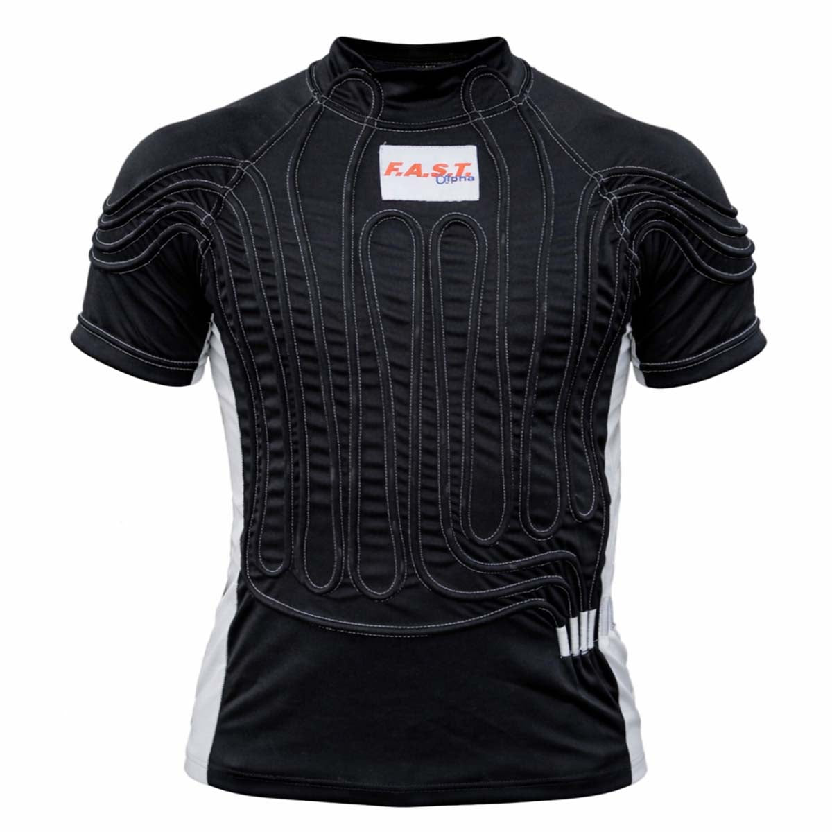 FAST Alpha Wicking Short Sleeve Driver Cooling Shirt in Black/White, showing athletic compression fit with cooling tubes sewn into the wicking fabric construction.