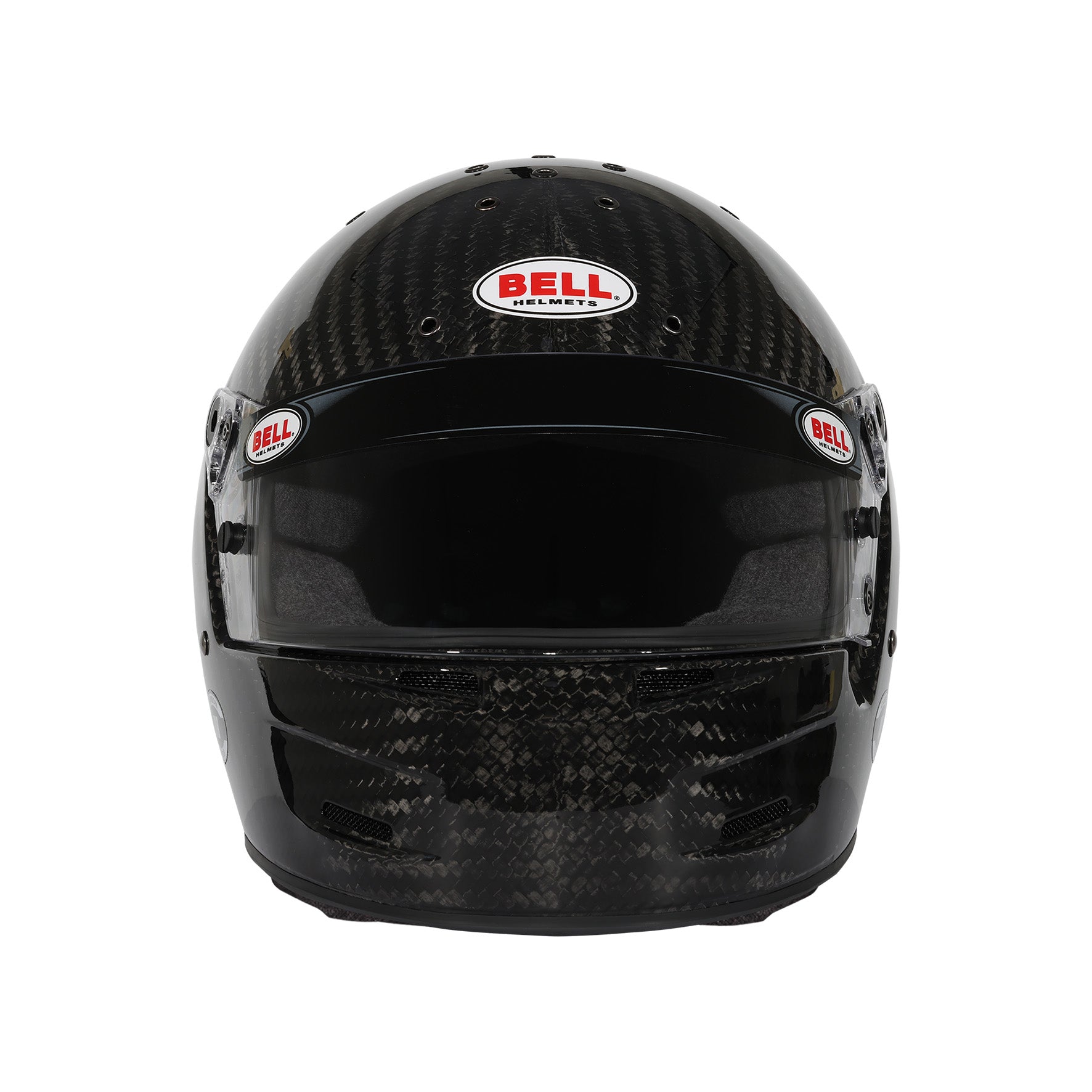 Front view of Bell M8 Ultra Carbon Helmet SA2025 featuring wide eye port and chin bar vents