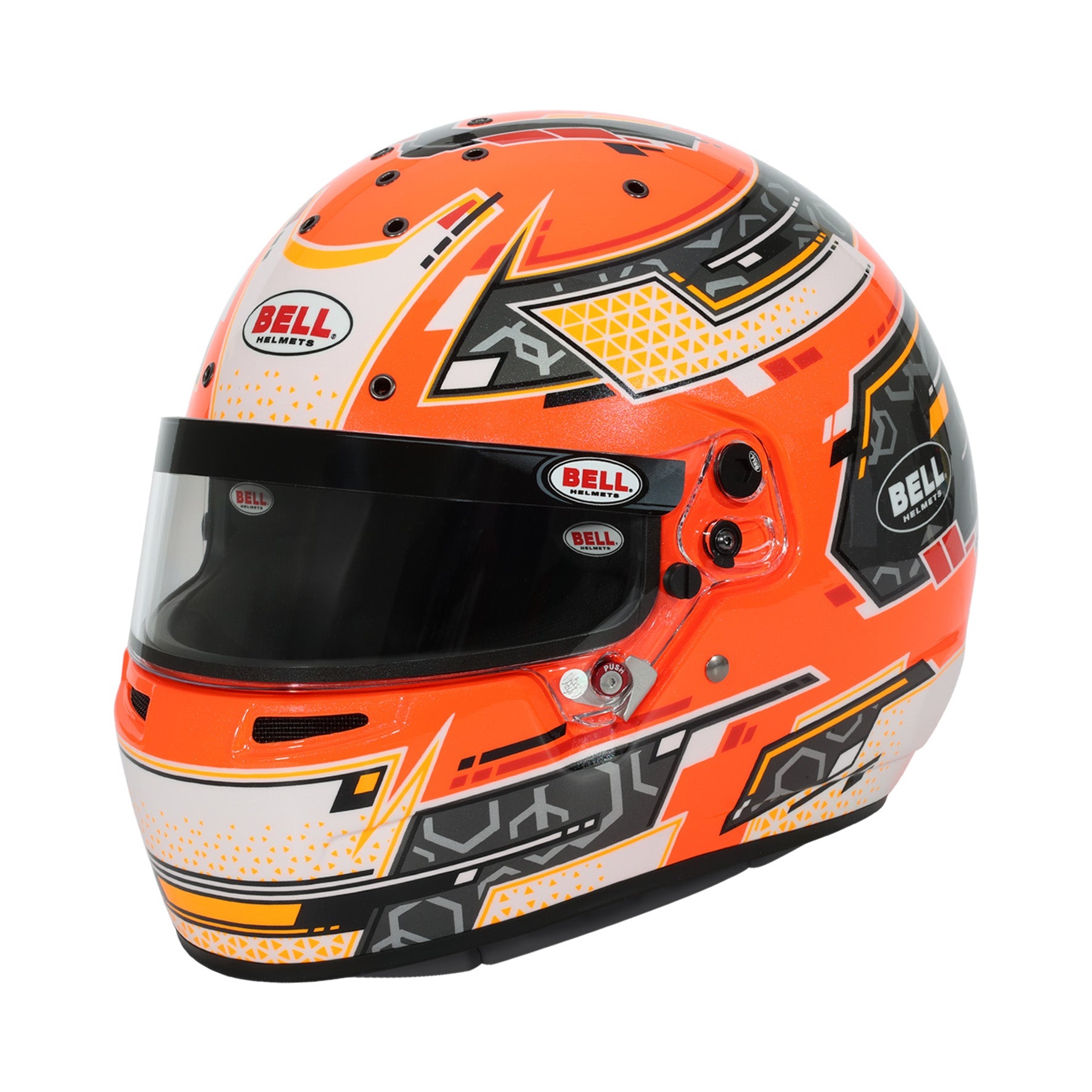Bell RS7-K Stamina full-face karting helmet in anthracite and orange with carbon fiberglass composite shell and DSAF visor, Snell K2025 certified