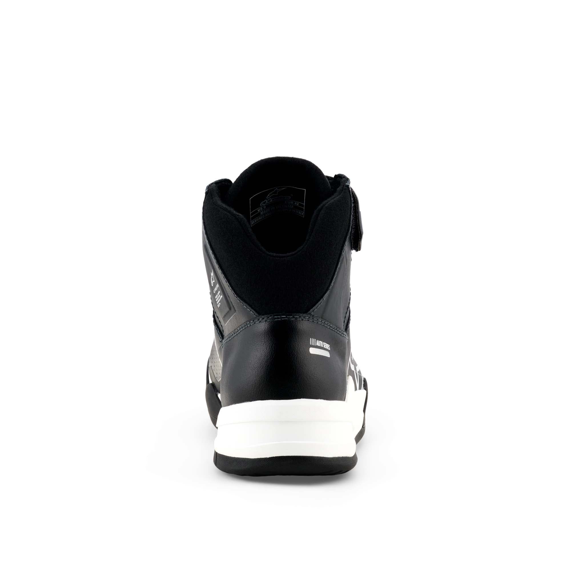 Alpinestars Radar V2 FIA/SFI Pit Crew Shoes in Black/White, heel view showing ergonomic multi-material heel counter, lower rear collar cut, and nitrile rubber collar padding.