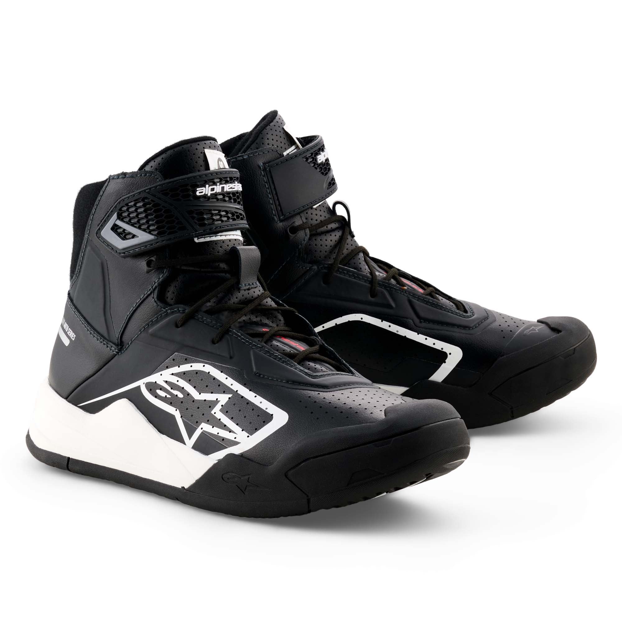 Alpinestars Radar V2 FIA/SFI Pit Crew Shoes in Black/White, showing leather upper with protective print, dual closure system, and exclusive rubber compound sole.