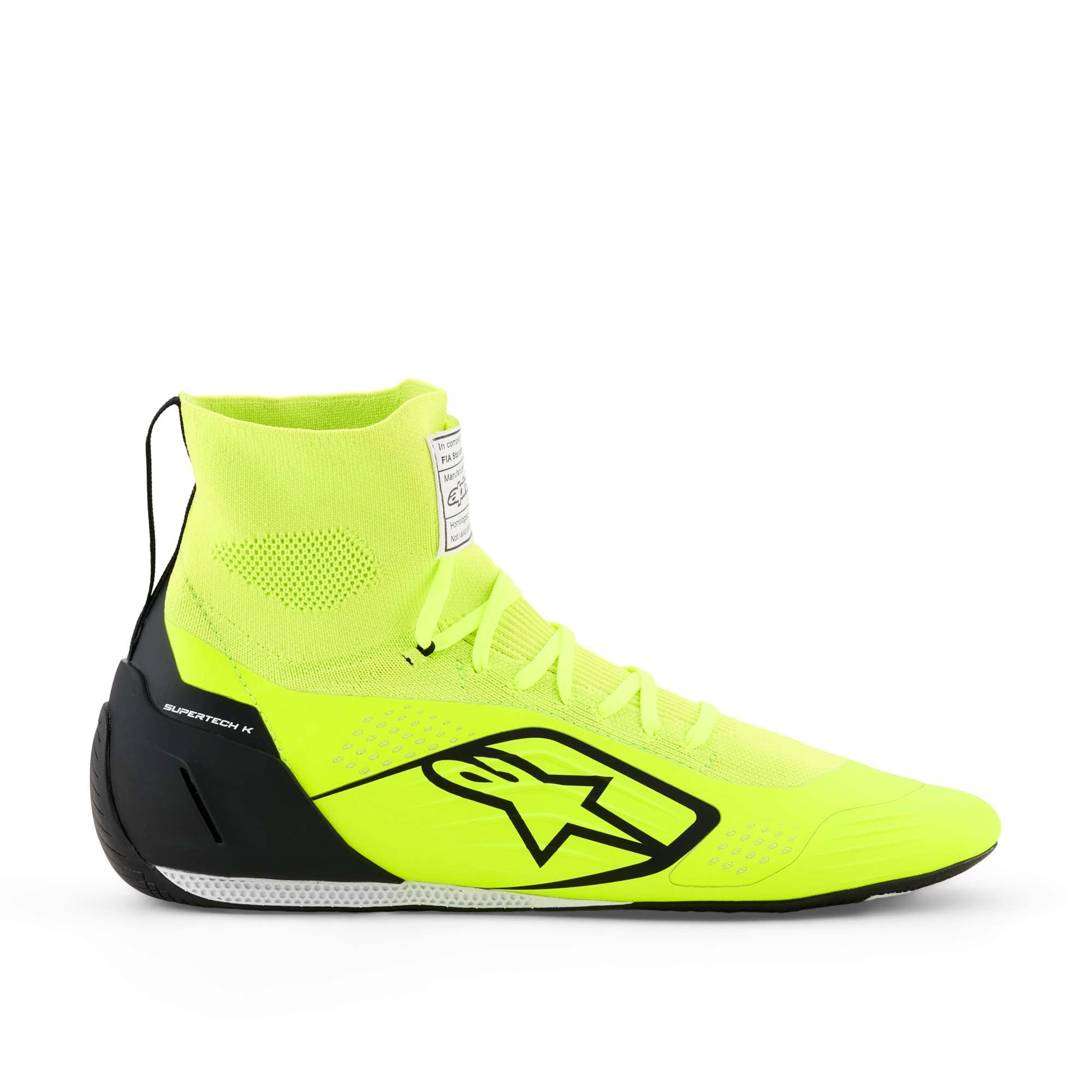 Alpinestars Supertech K FIA Karting Shoes in Yellow Fluo/Black/White, outside lateral view showing upper overlay skin, flex points, and TPU heel counter.