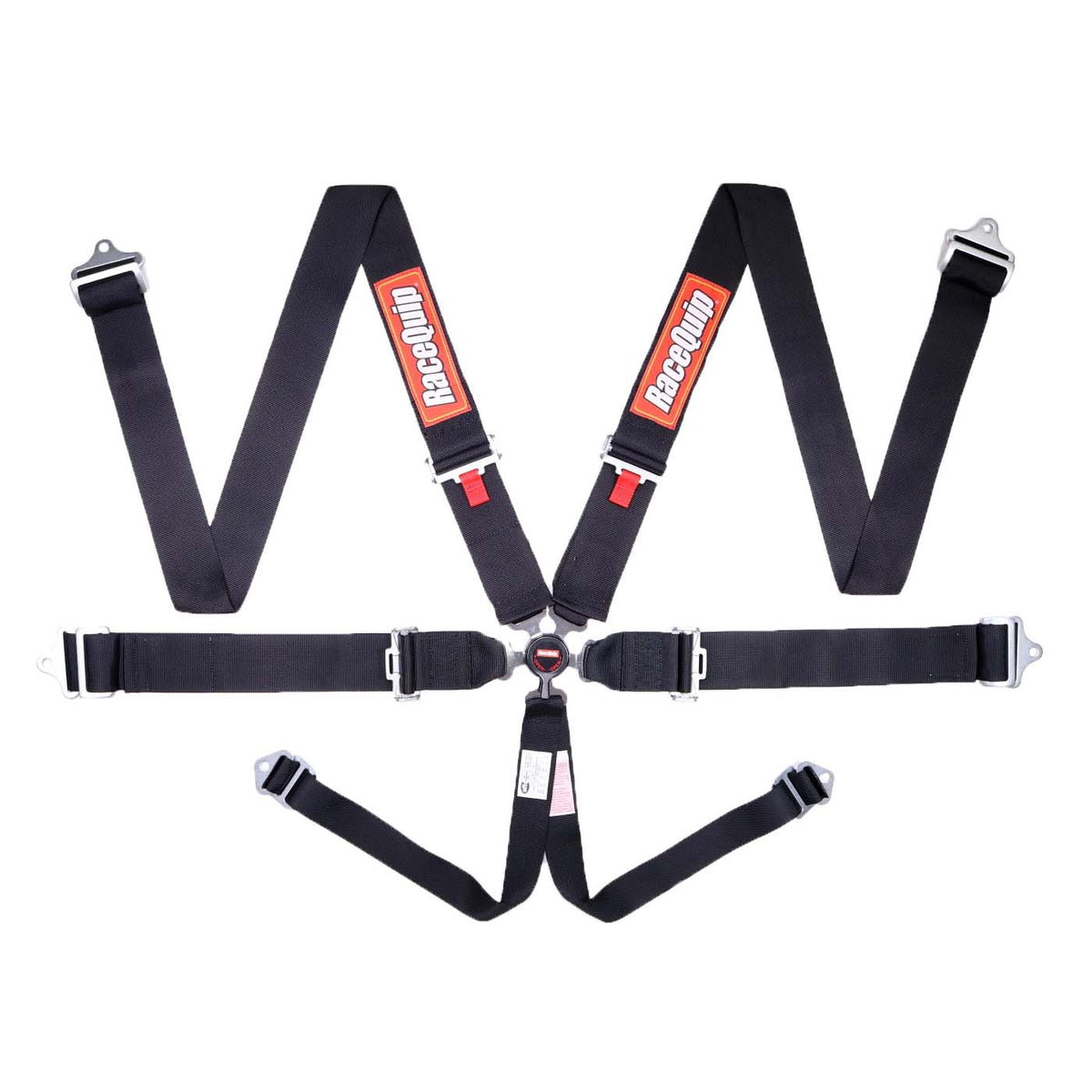 RaceQuip 6-point camlock racing harness in black with aluminum cam buckle