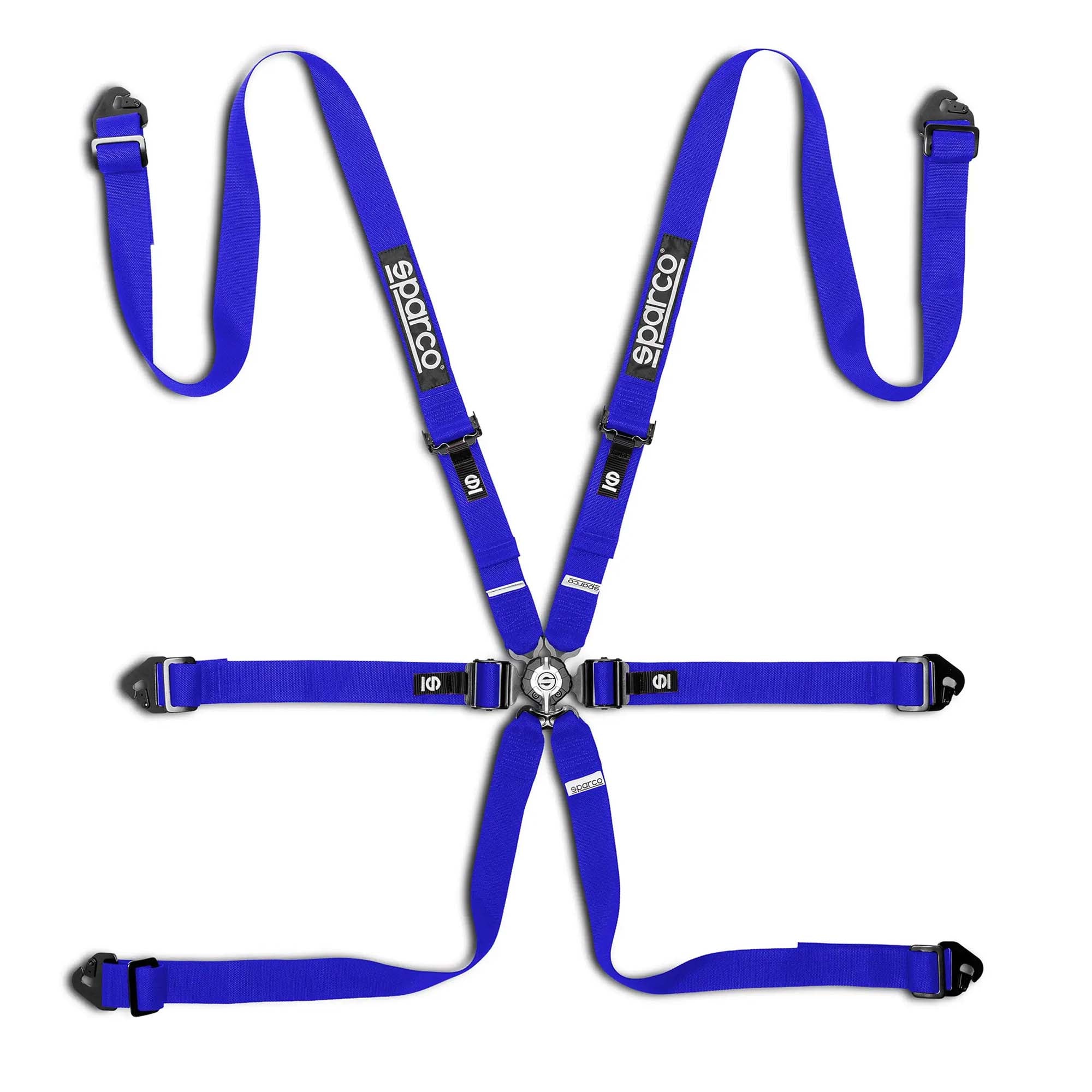 Sparco Comp H-2 6-point endurance racing harness in blue, featuring 2-inch lap and shoulder straps, steel adjusters, and aircraft-quality quick-release buckle.