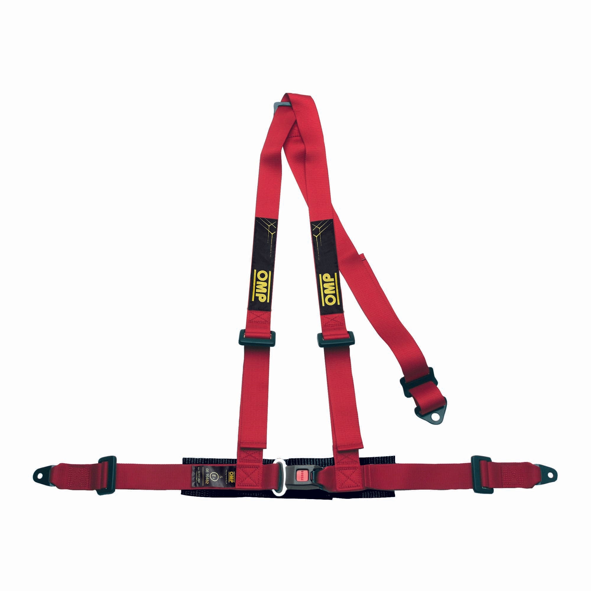 OMP Road 3 ECE 3-point street harness in red with push-button buckle, ECE R16 approved