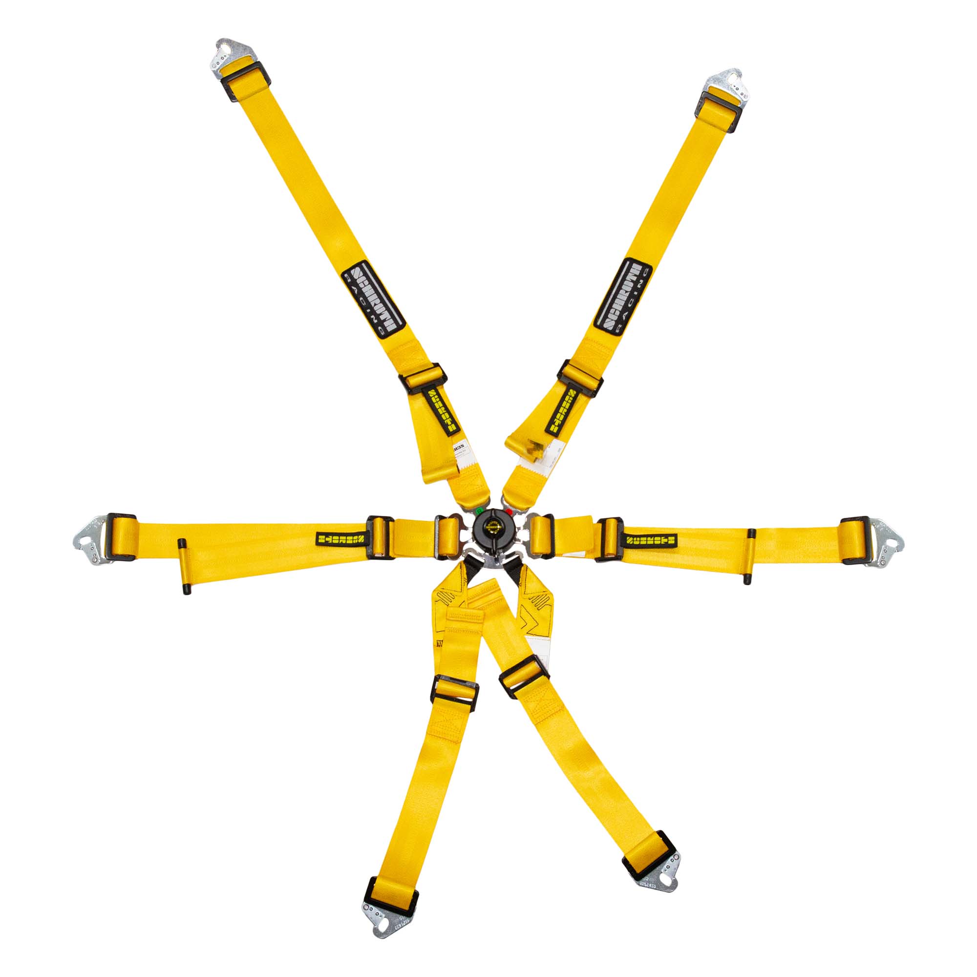 Schroth Flexi 2x2 yellow 6‑point racing harness with FIA 8853‑2016 homologation and Flexi lap belts.
