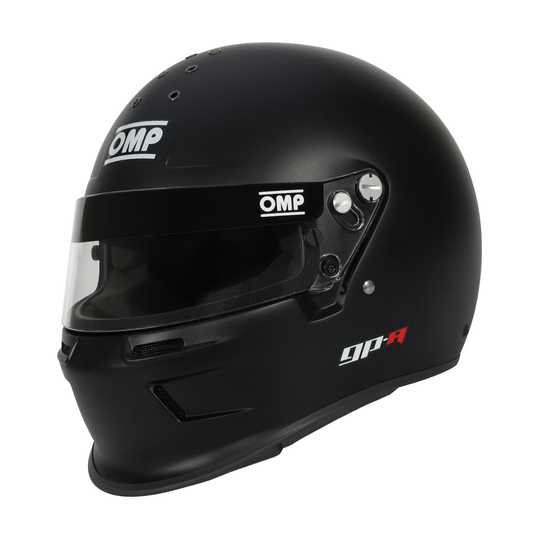 OMP GP-A full-face racing helmet in matte black with integrated chin bar gurney and aerodynamic composite shell, SA2025 certified