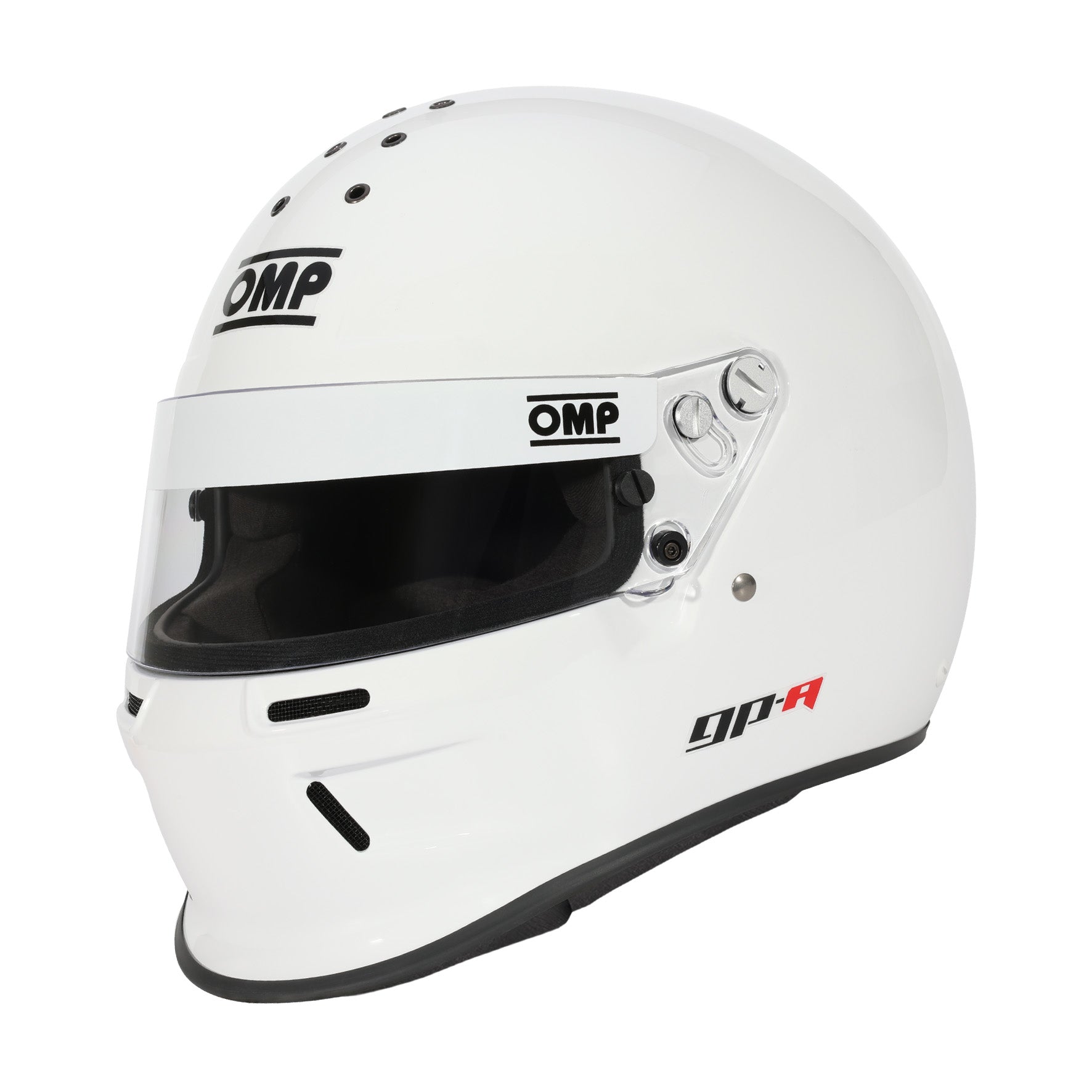 OMP GP-A full-face racing helmet in white with integrated chin bar gurney and aerodynamic composite shell, SA2025 certified