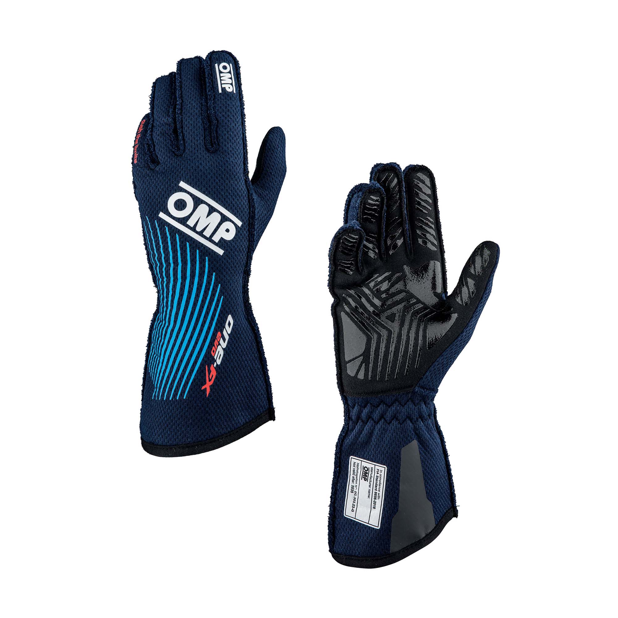 OMP One EVO FX v2 fire-resistant racing gloves in navy blue and cyan with silicone palm grip zones, FIA 8856-2018 homologated