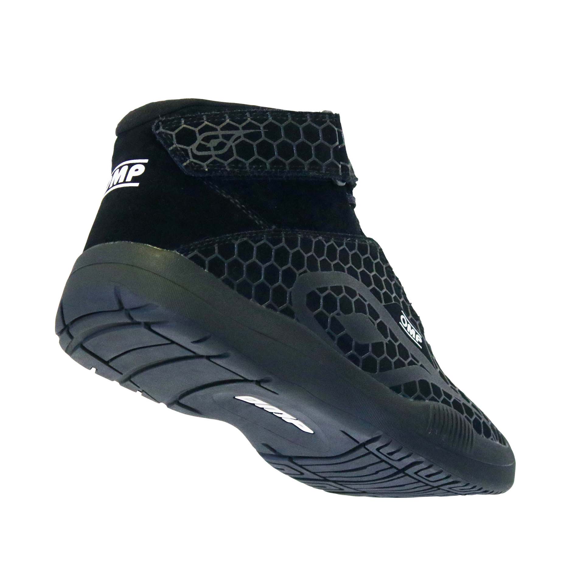 Rear and lateral view of OMP Pit Crew shoe showing heel design, padded collar, and Velcro ankle strap.