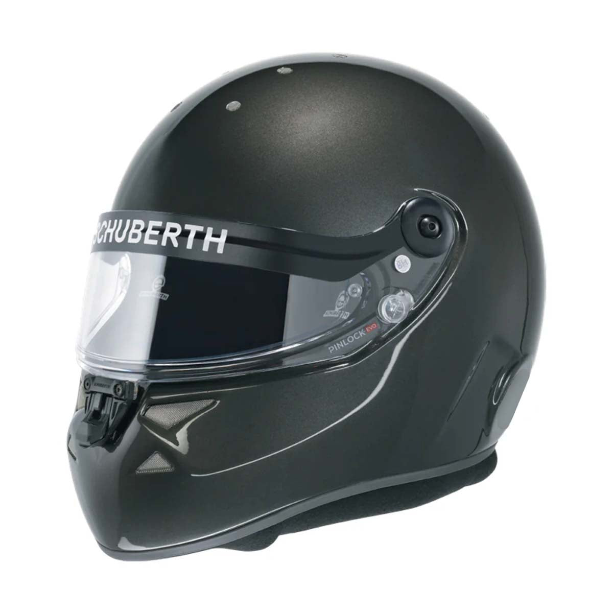 Schuberth SP1 Hybrid SA2025 racing helmet in gloss finish, showing the hybrid carbon-fiberglass shell, SDL dual-locking visor system, and Pinlock 120 visor.