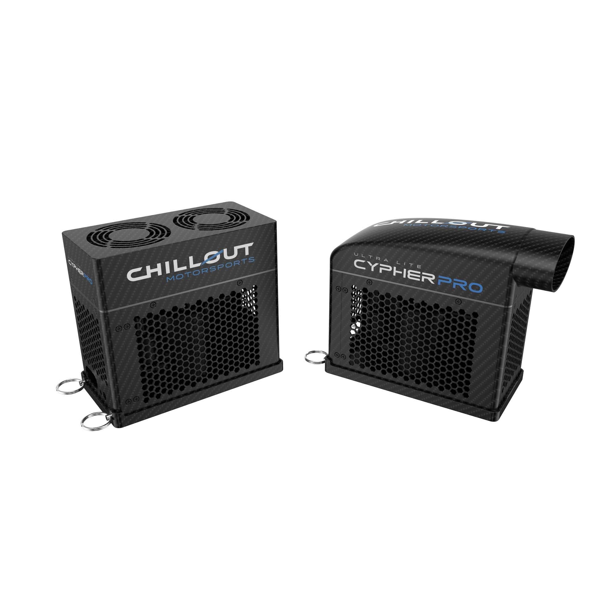 Cypher Pro Micro Driver Cooling System showing fan version and carbon fiber plenum version side by side